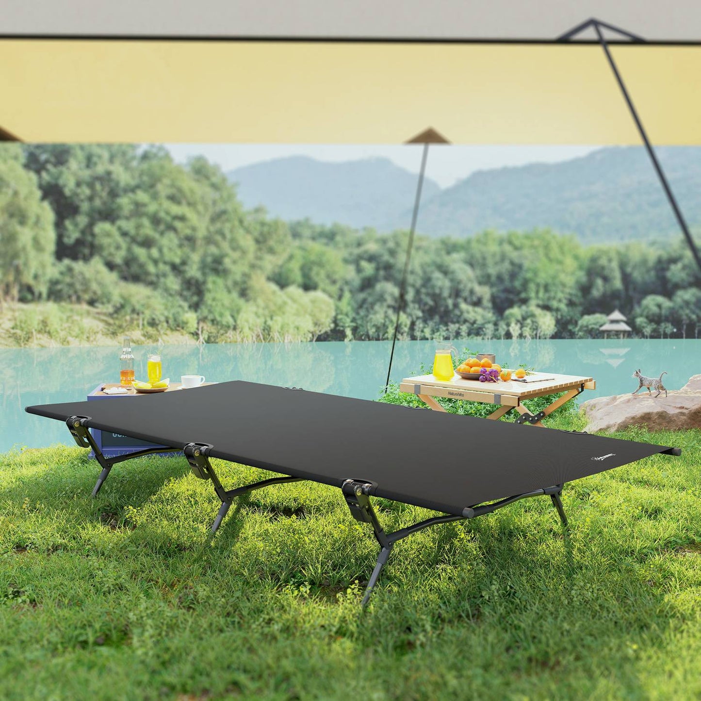 Folding tent bed with carry bag, extra wide, 120 kg capacity