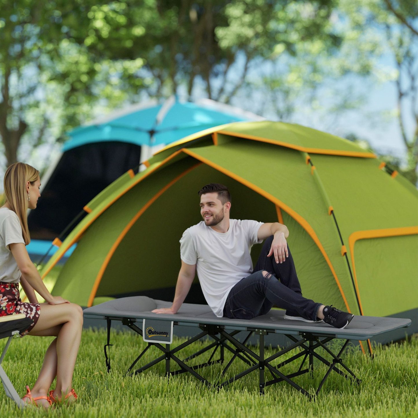 Folding camping bed with mattress, pillow & pocket - Grey