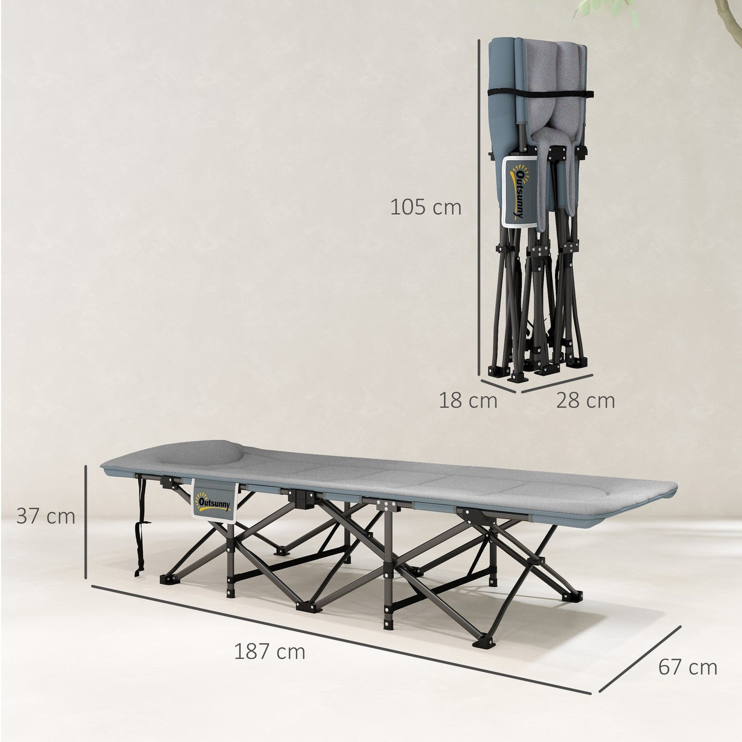 Folding camping bed with mattress, pillow & pocket - Grey