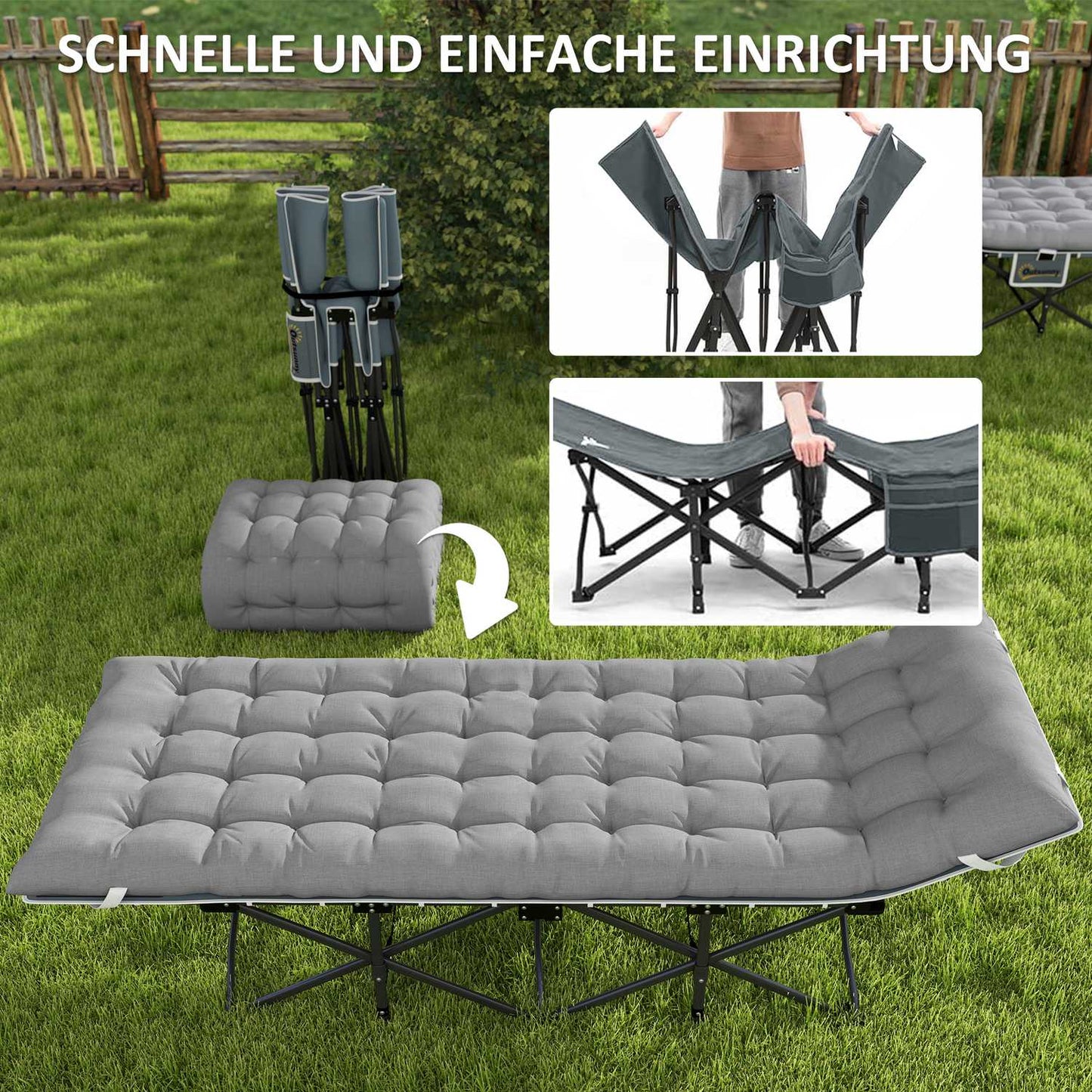 Light gray folding camping bed with mattress and pillow, 150 kg capacity