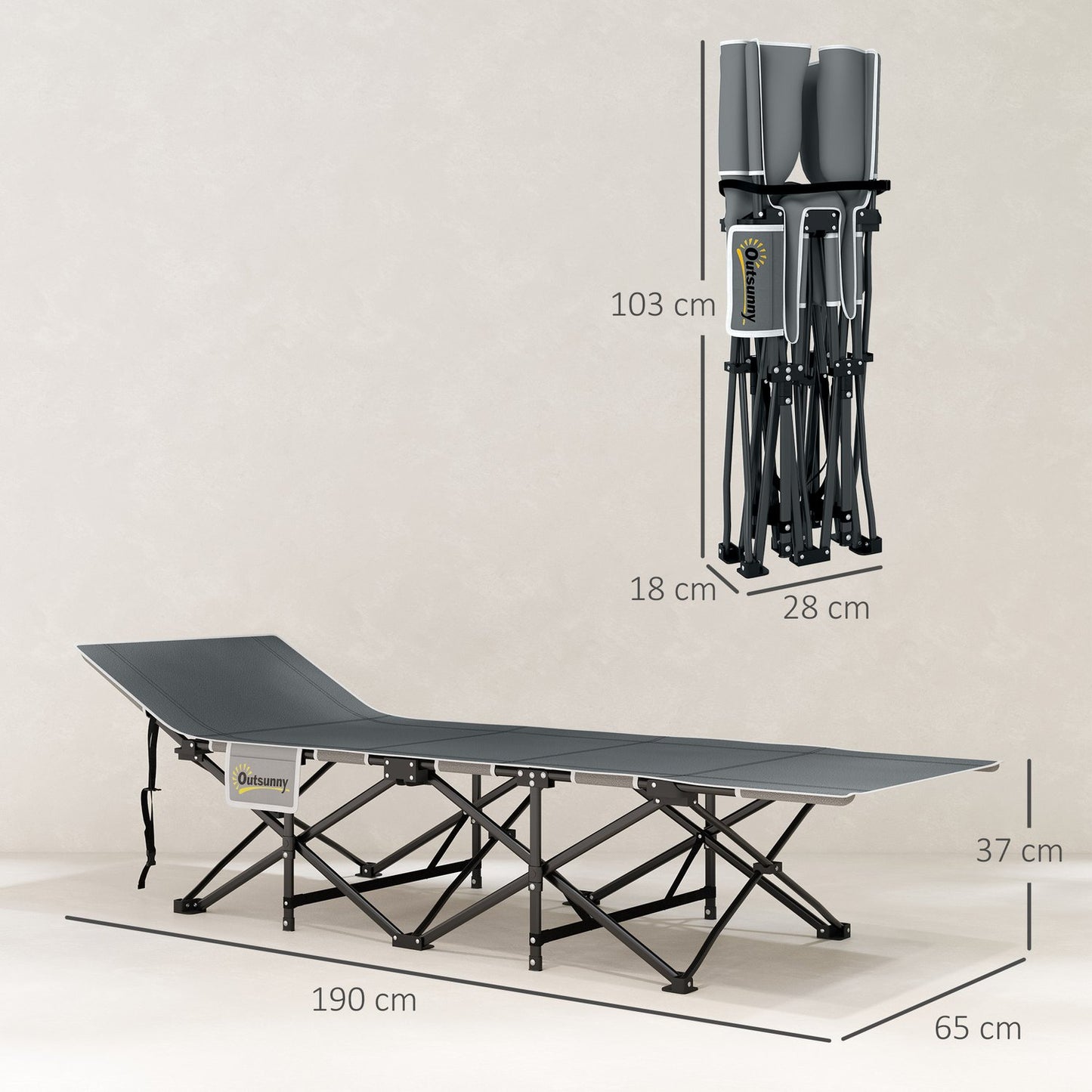 Light gray folding camping bed with mattress and pillow, 150 kg capacity