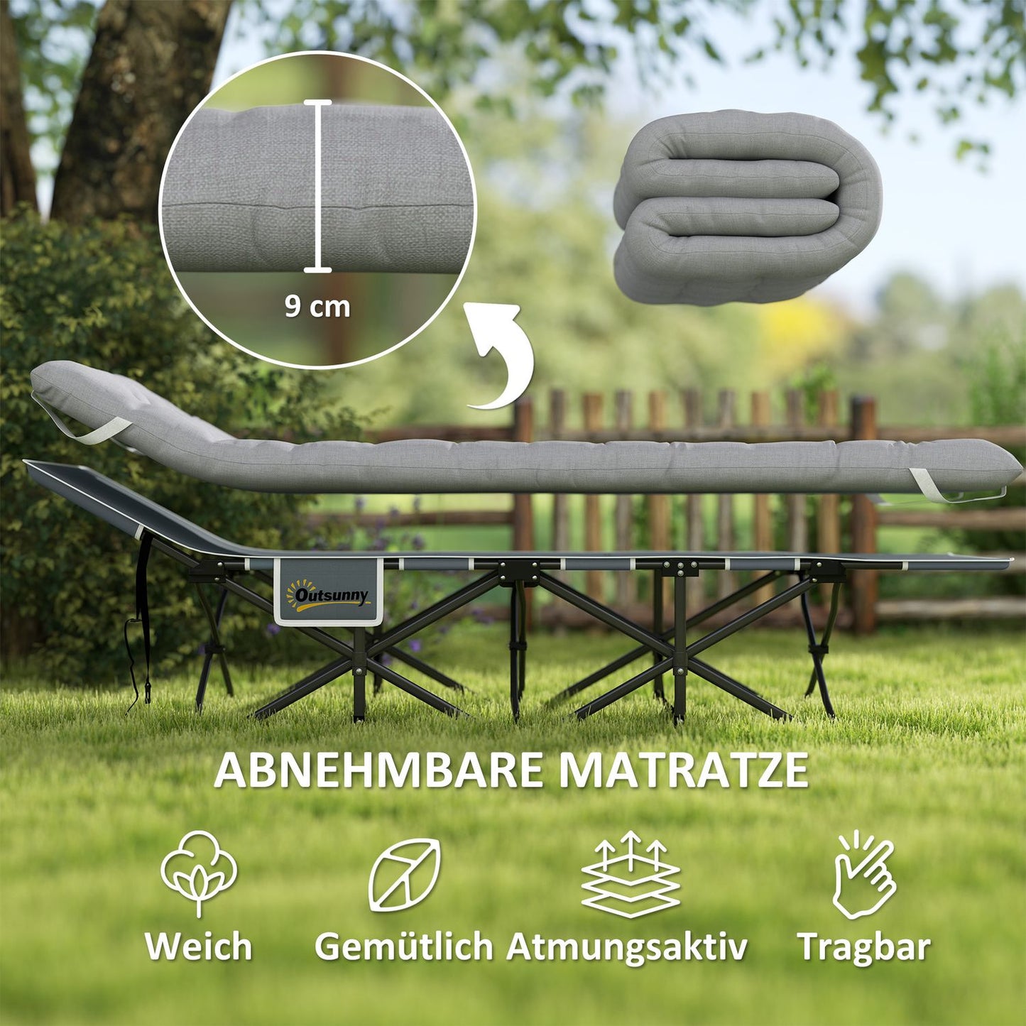 Light gray folding camping bed with mattress and pillow, 150 kg capacity