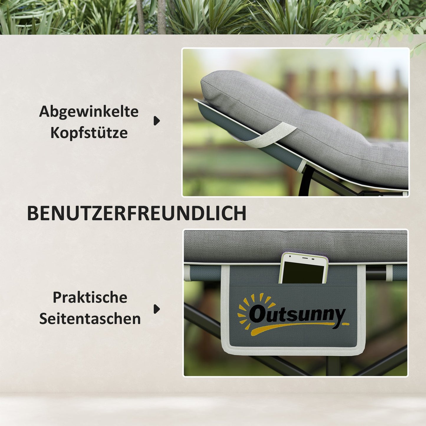 Light gray folding camping bed with mattress and pillow, 150 kg capacity