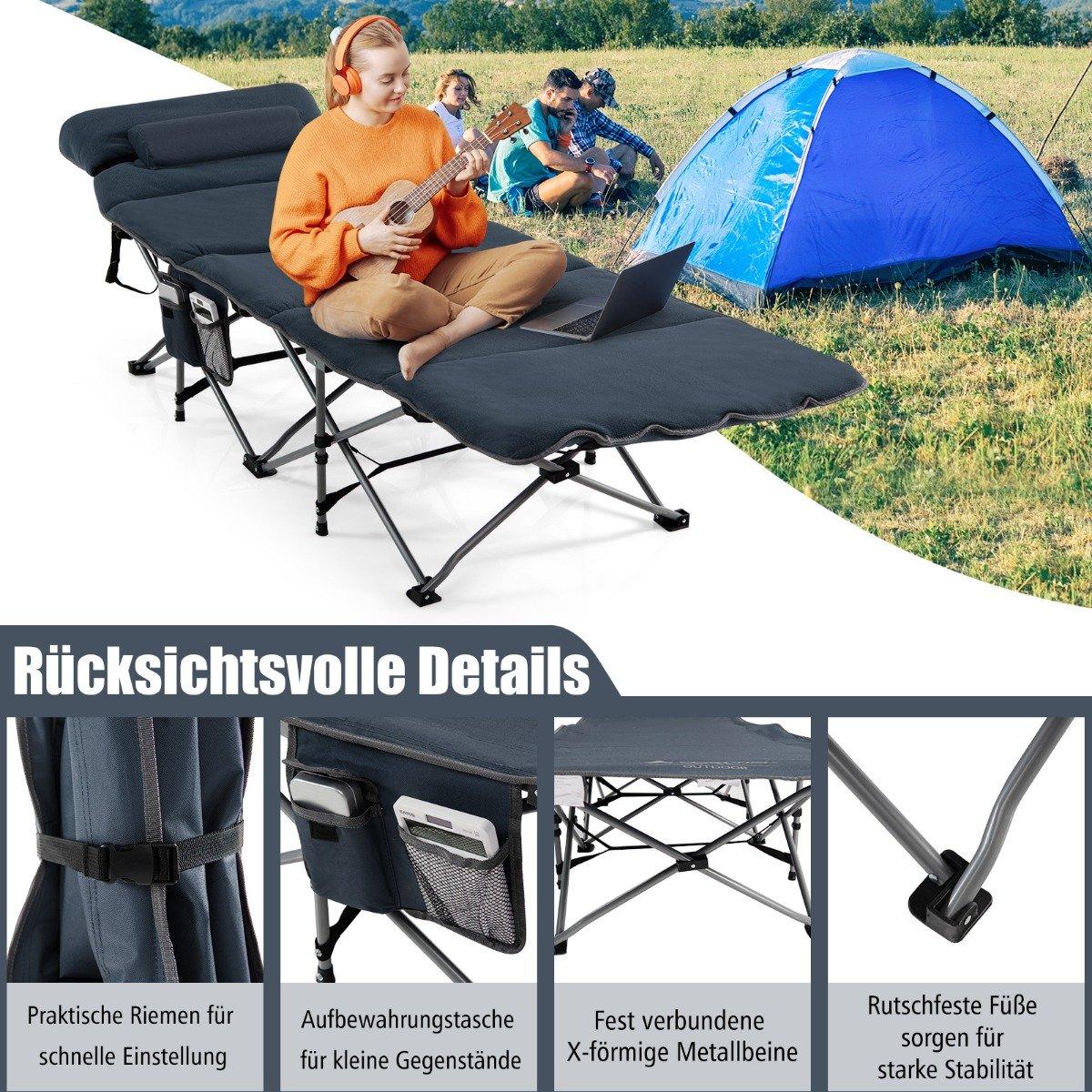 Camp bed folding camping bed with mattress 185 cm x 65 cm x 41-53 cm blue
