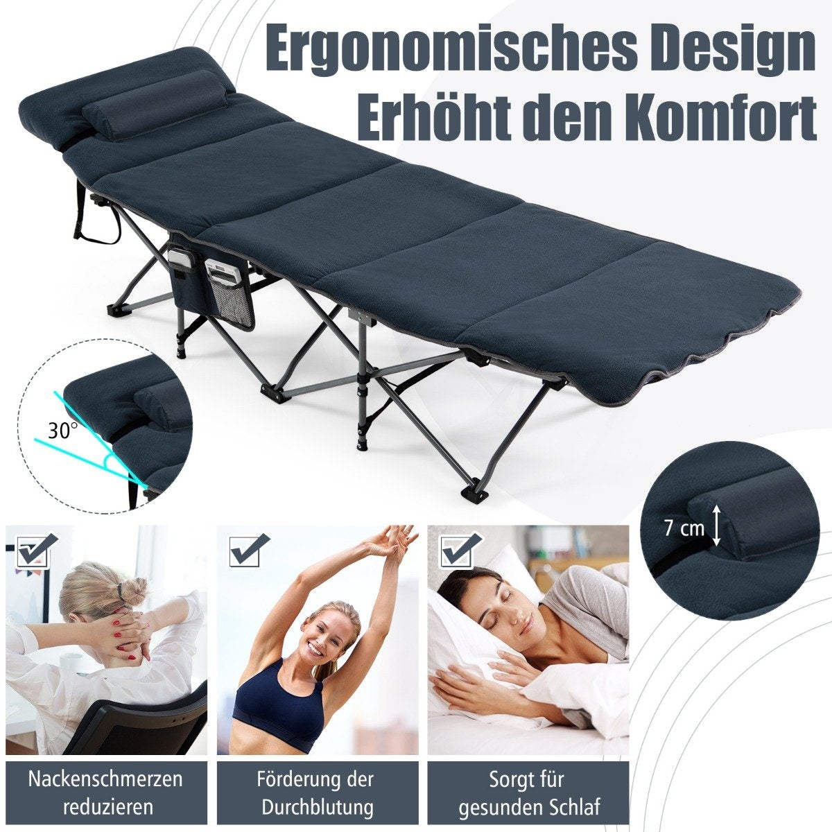 Camp bed folding camping bed with mattress 185 cm x 65 cm x 41-53 cm blue