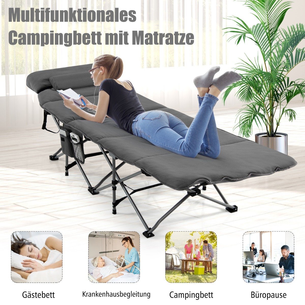 Camp bed folding camping bed with mattress 185 cm x 65 cm x 41-53 cm gray