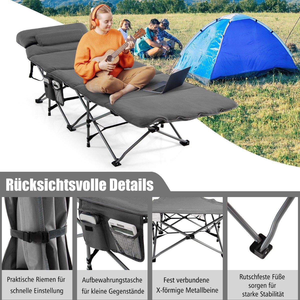 Camp bed folding camping bed with mattress 185 cm x 65 cm x 41-53 cm gray