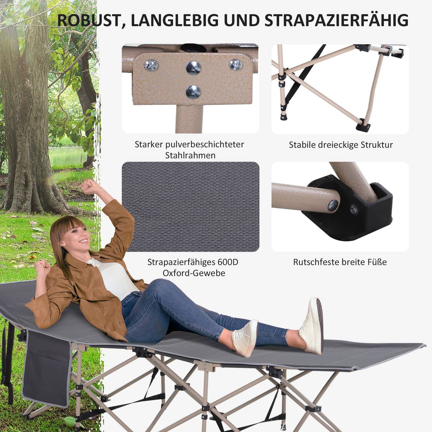 Folding camping bed in steel with carry bag, Grey, 190x68x52 cm