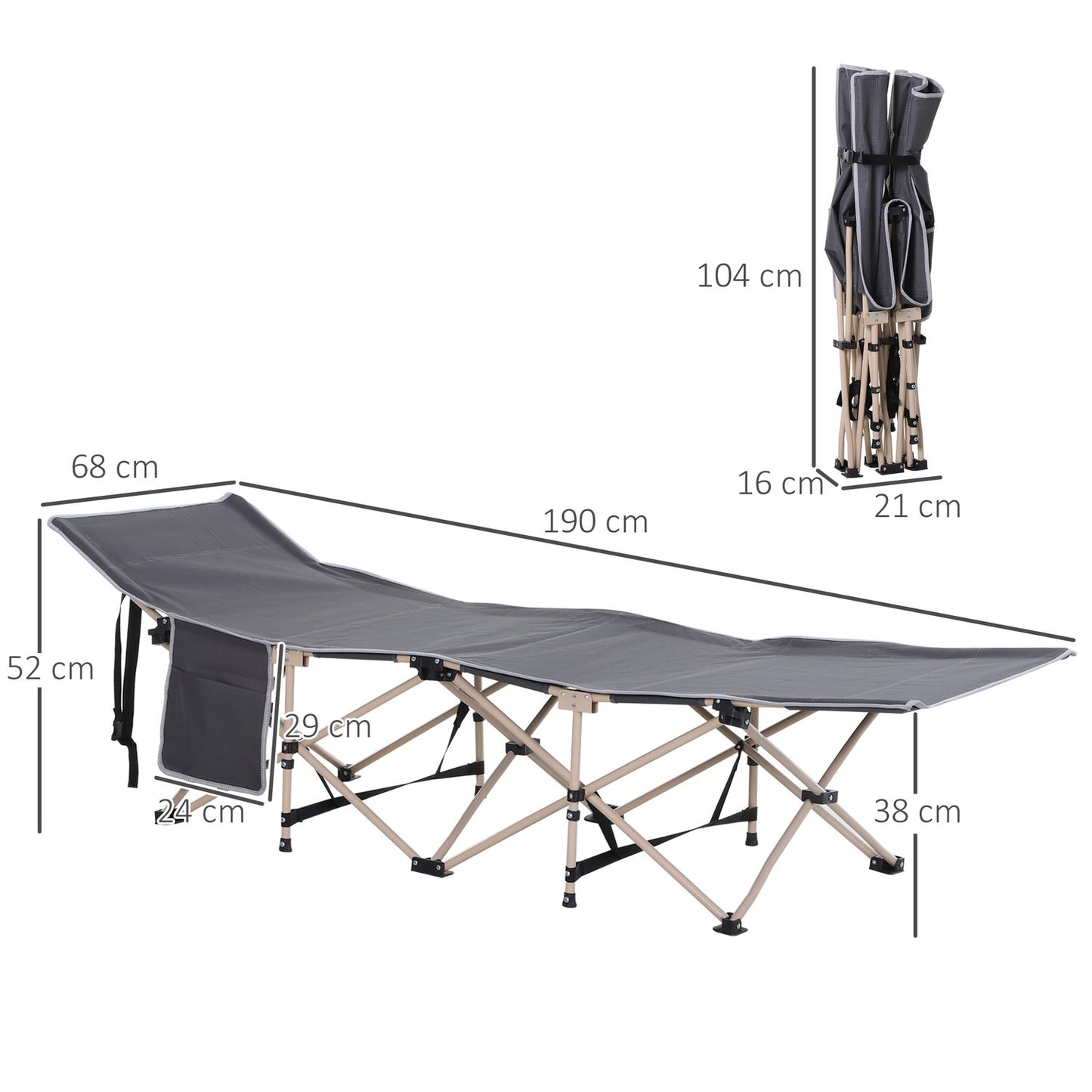 Folding camping bed in steel with carry bag, Grey, 190x68x52 cm