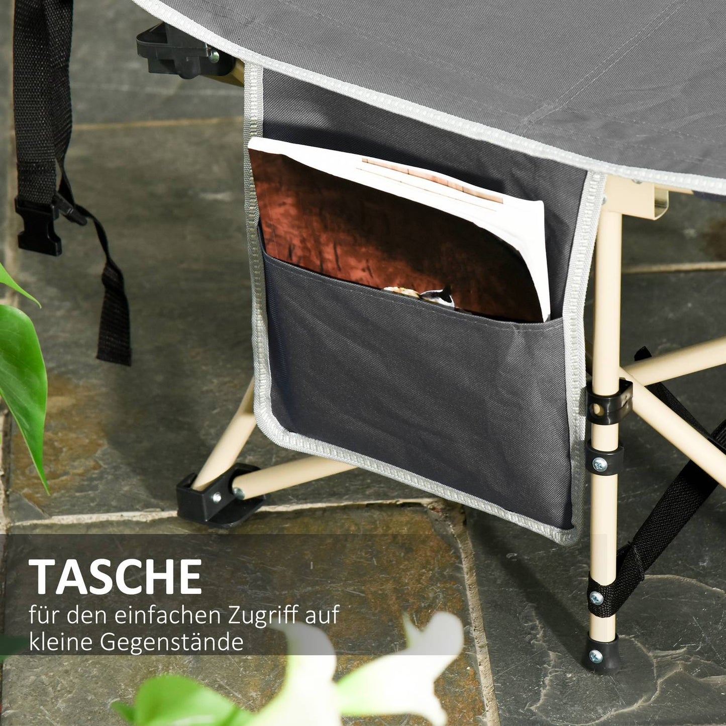 Folding camping bed in steel with carry bag, Grey, 190x68x52 cm