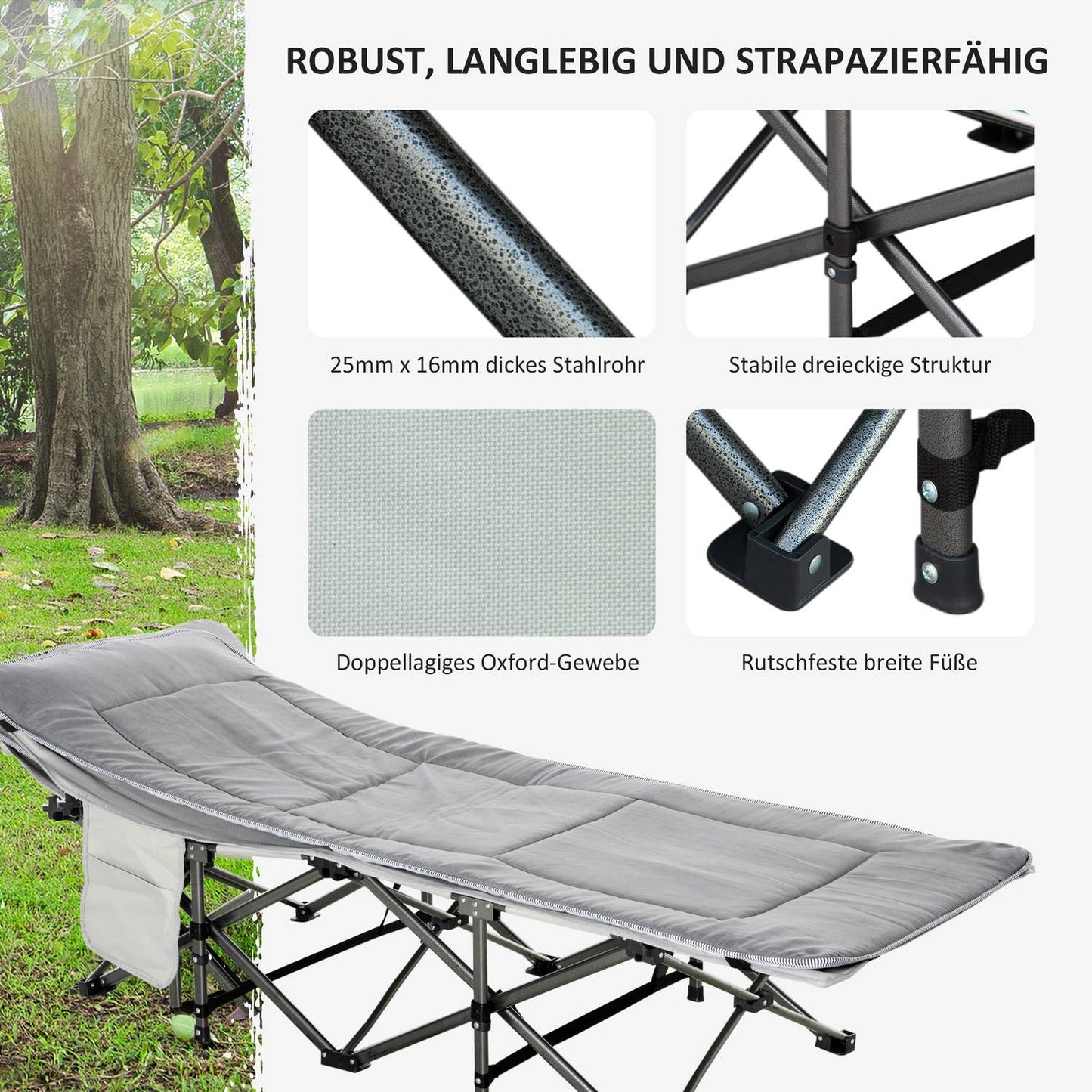 Folding camping bed - light grey, with pillow and mattress