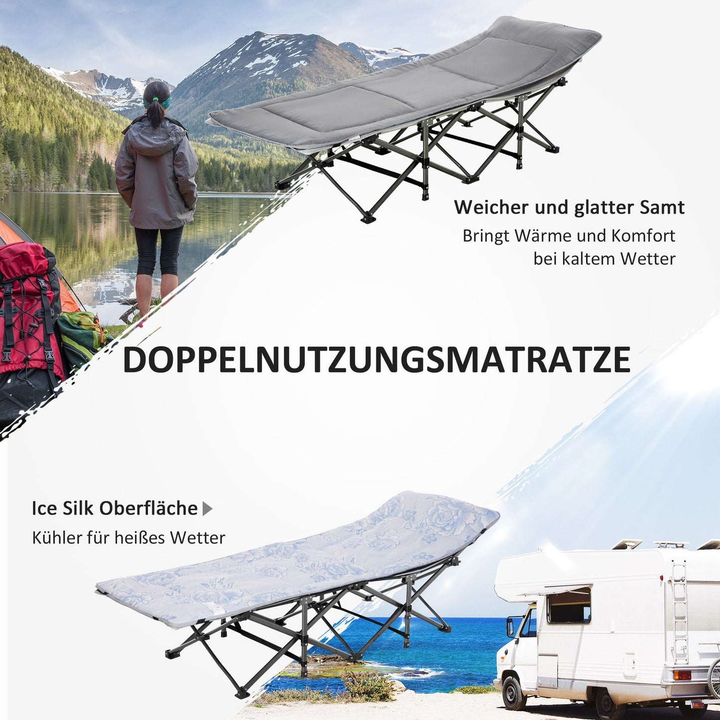 Folding camping bed - light grey, with pillow and mattress