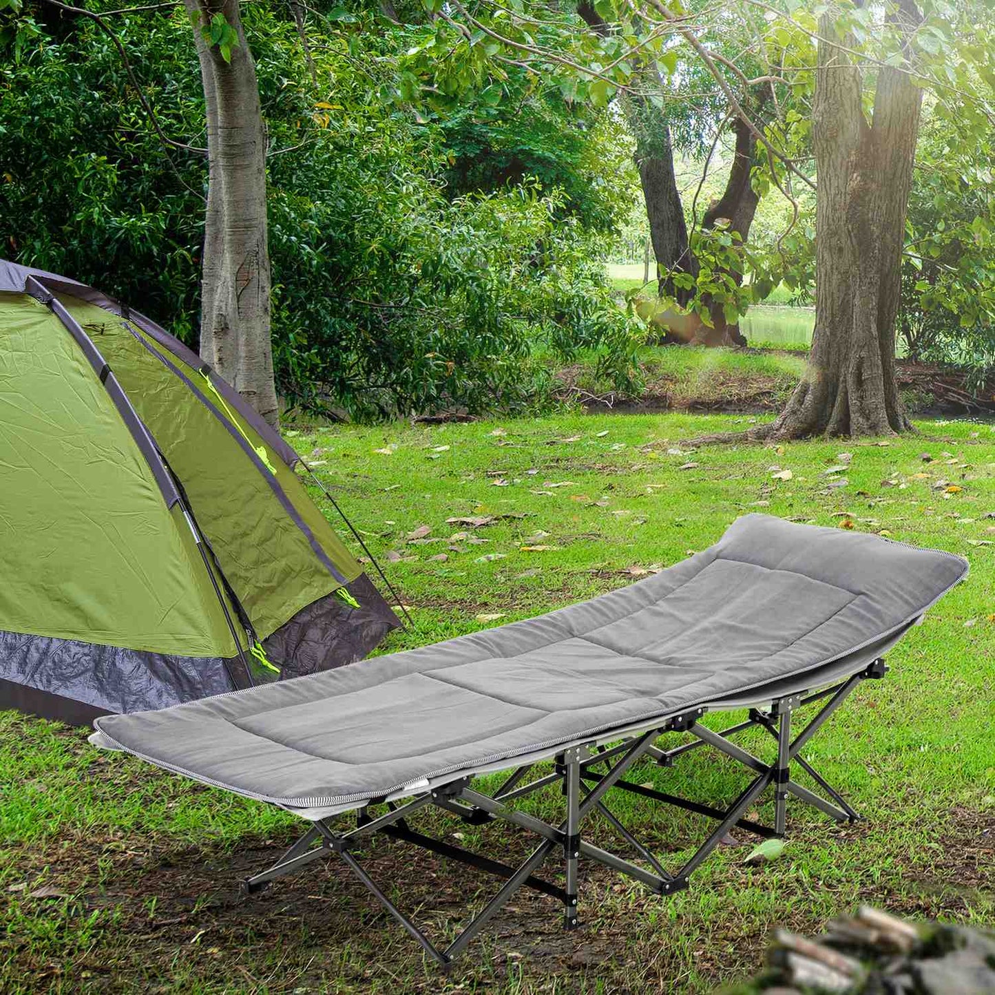 Folding camping bed - light grey, with pillow and mattress