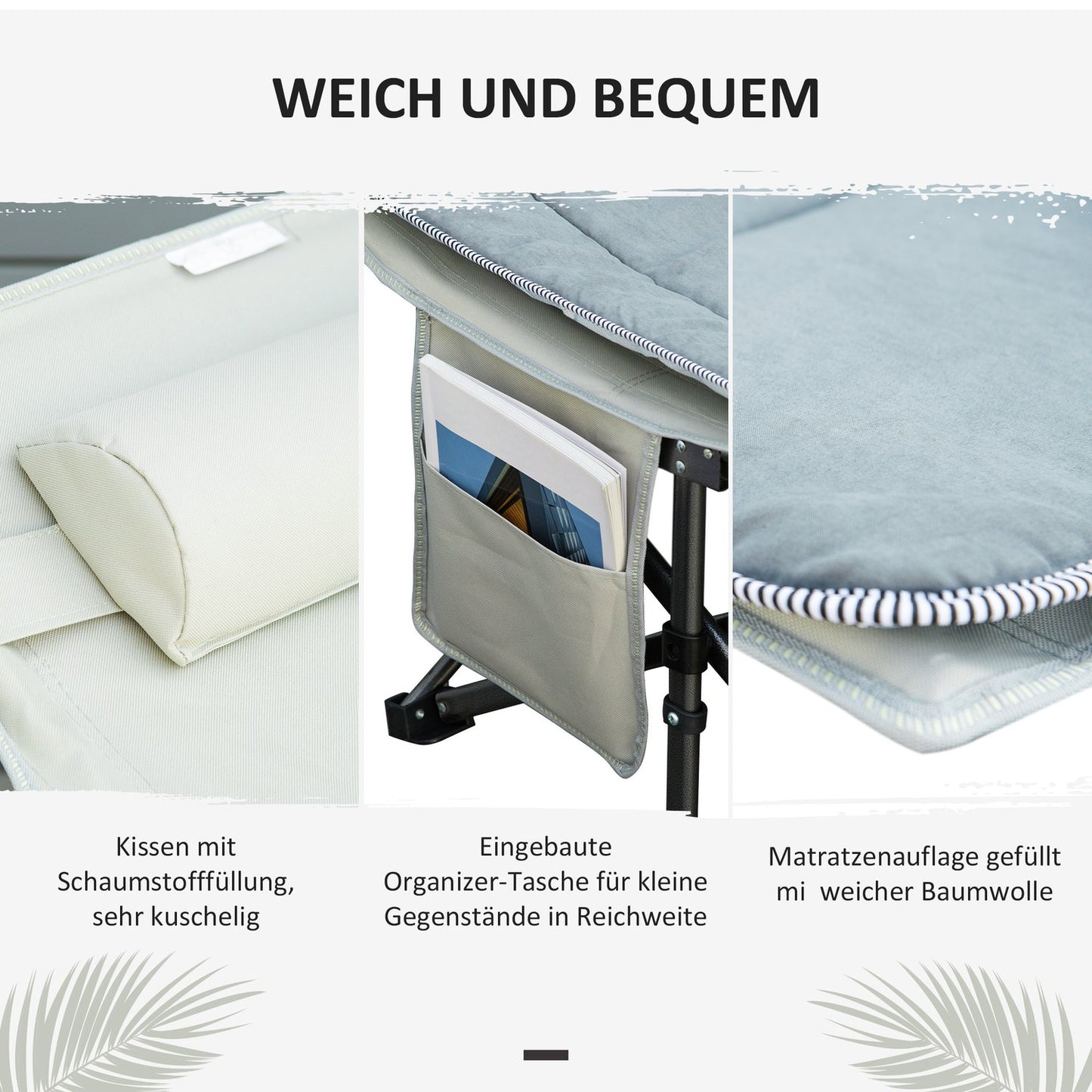 Folding camping bed - light grey, with pillow and mattress
