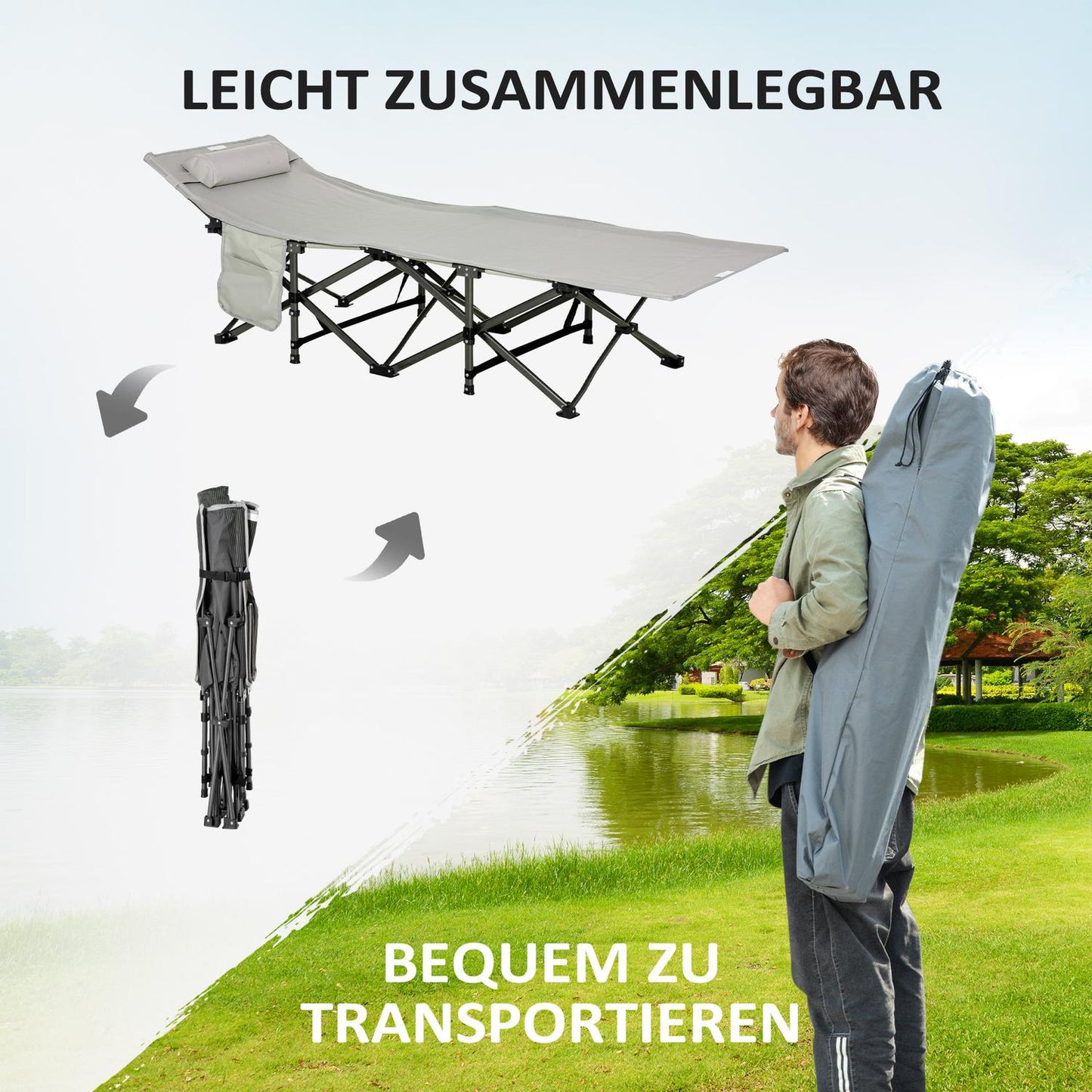 Folding camping bed - light grey, with pillow and mattress