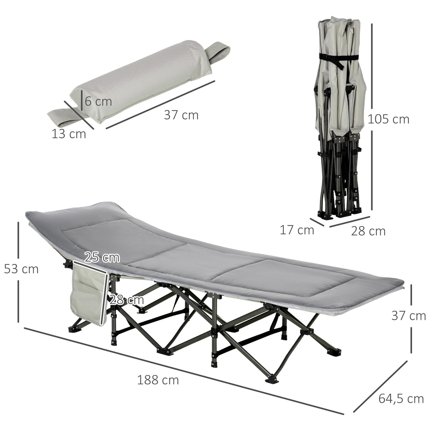 Folding camping bed - light grey, with pillow and mattress