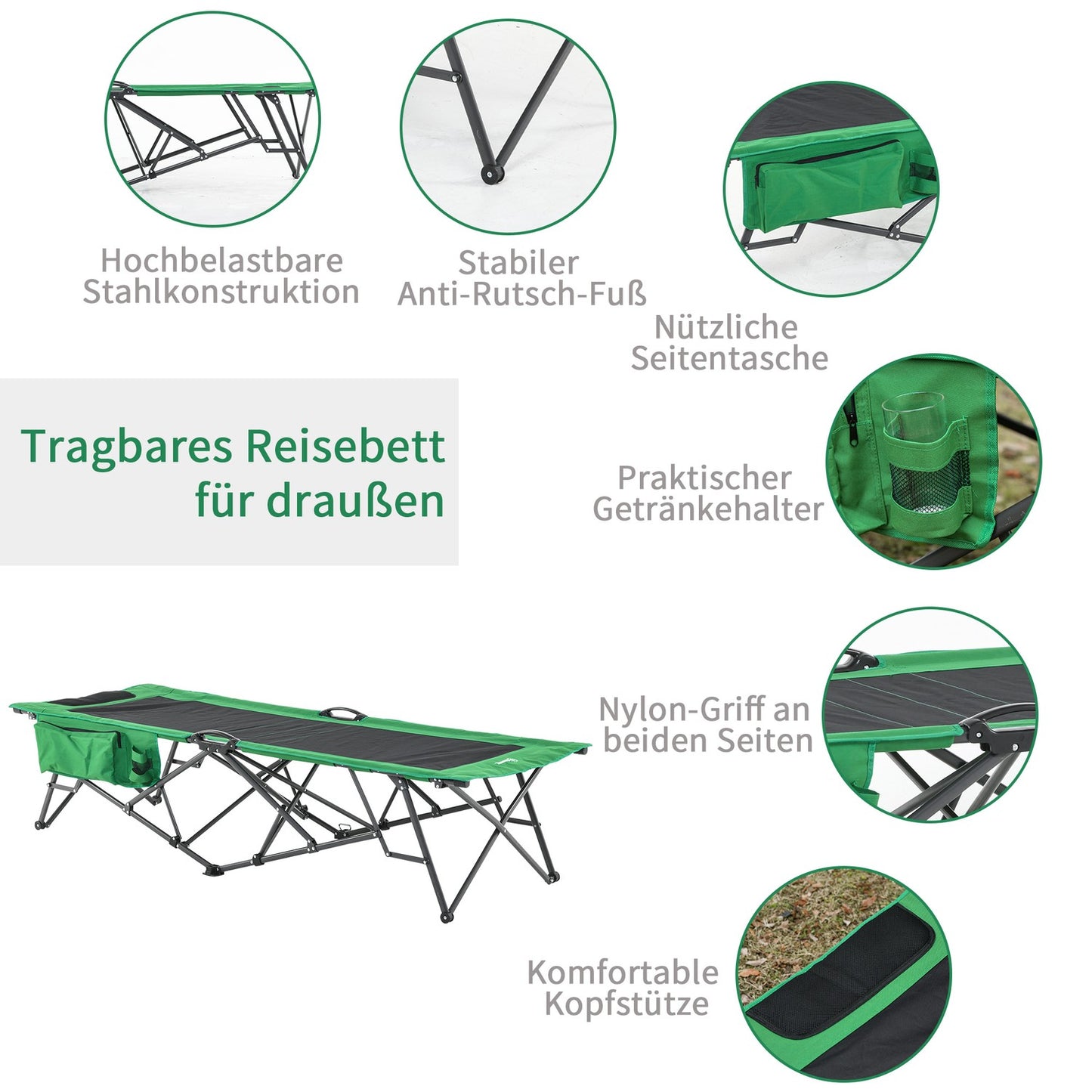Folding camping bed - durable steel, 136 kg capacity
