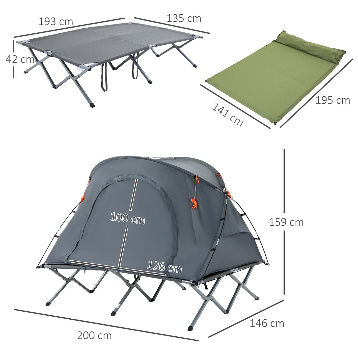 Camping dome tent with air mattress, 2 people, grey