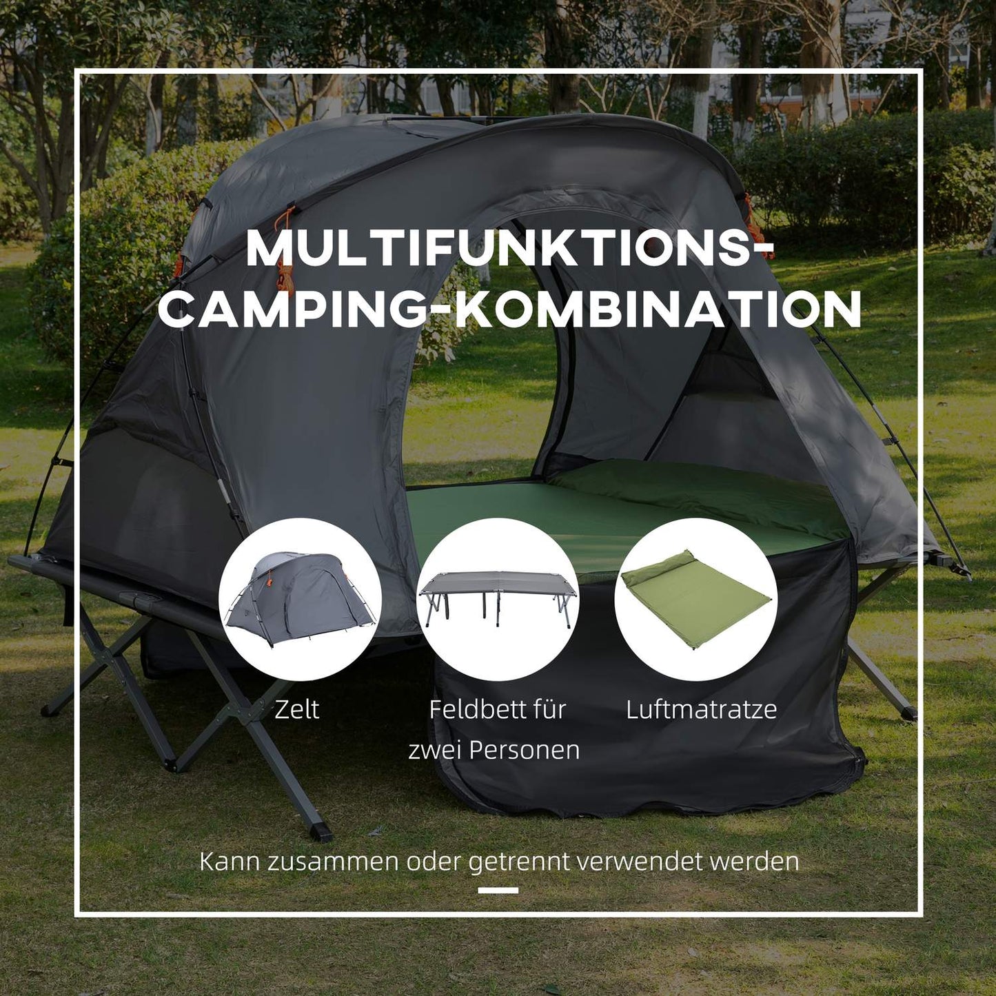 Camping dome tent with air mattress, 2 people, grey