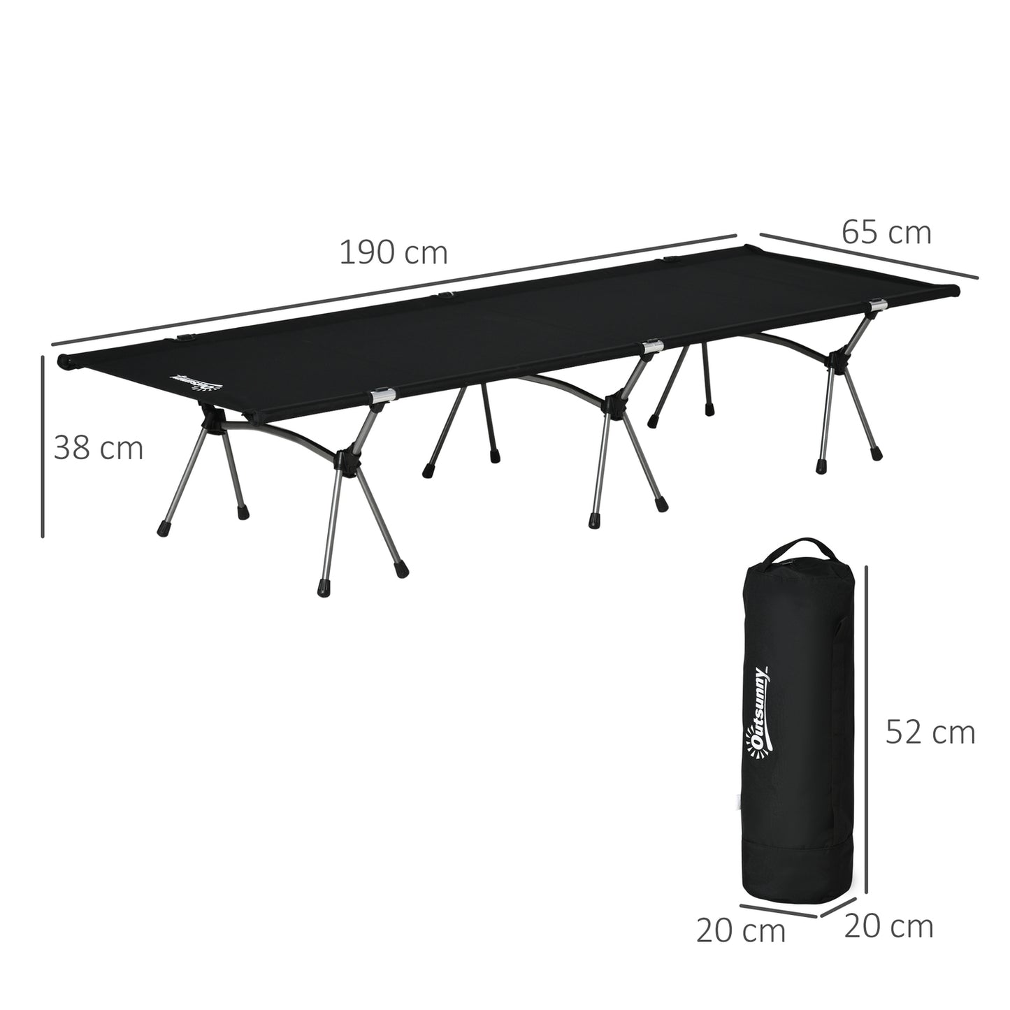 Folding camping bed - adjustable height, 190x65 cm, 150 kg limit