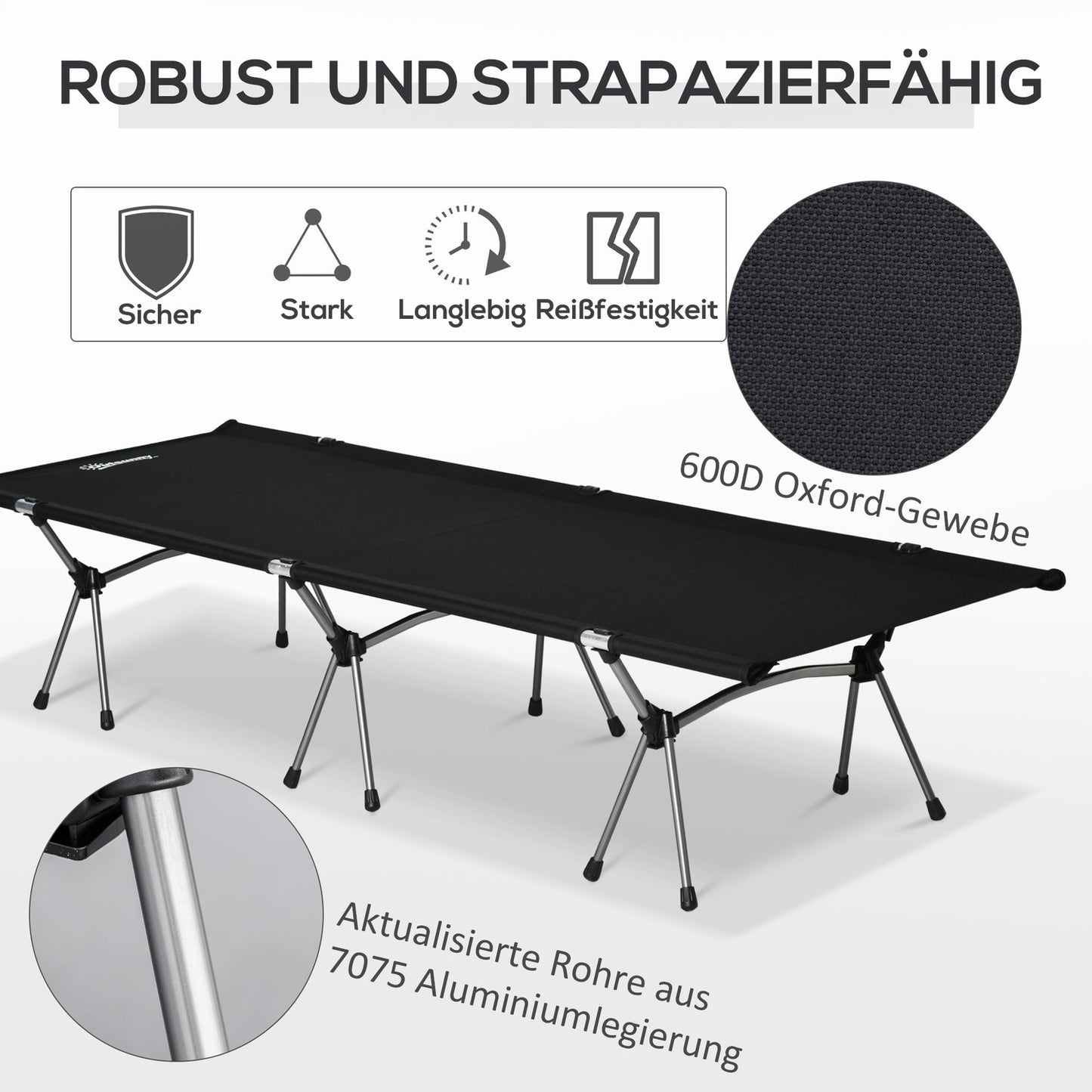Folding camping bed - adjustable height, 190x65 cm, 150 kg limit
