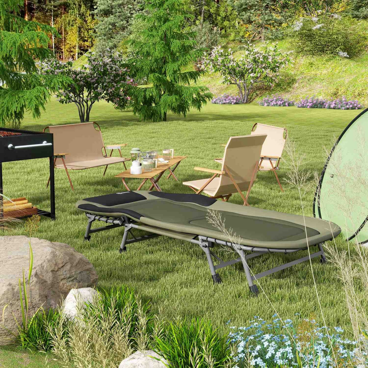 Folding camping bed - adjustable, supports up to 180 kg, green