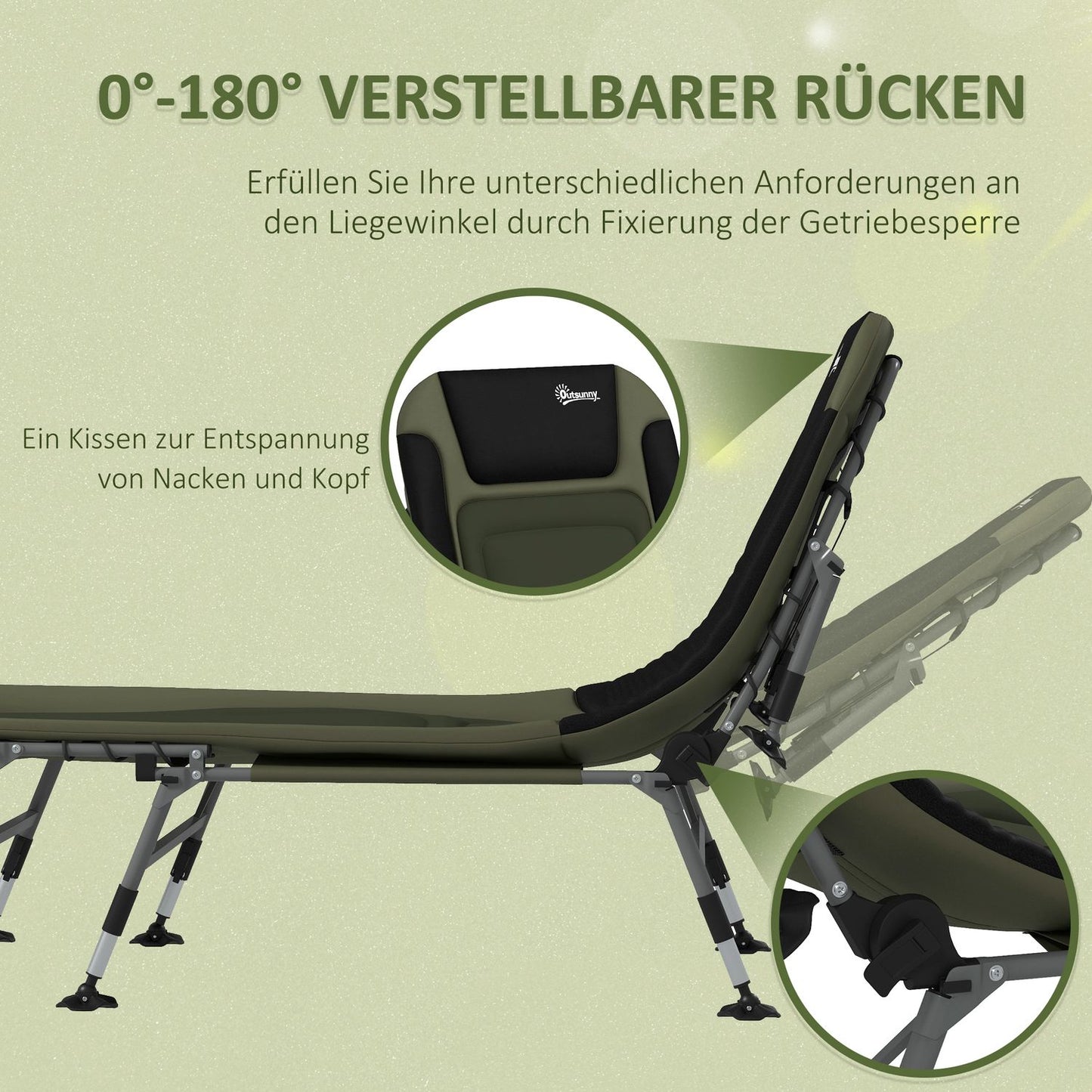 Folding camping bed - adjustable, supports up to 180 kg, green