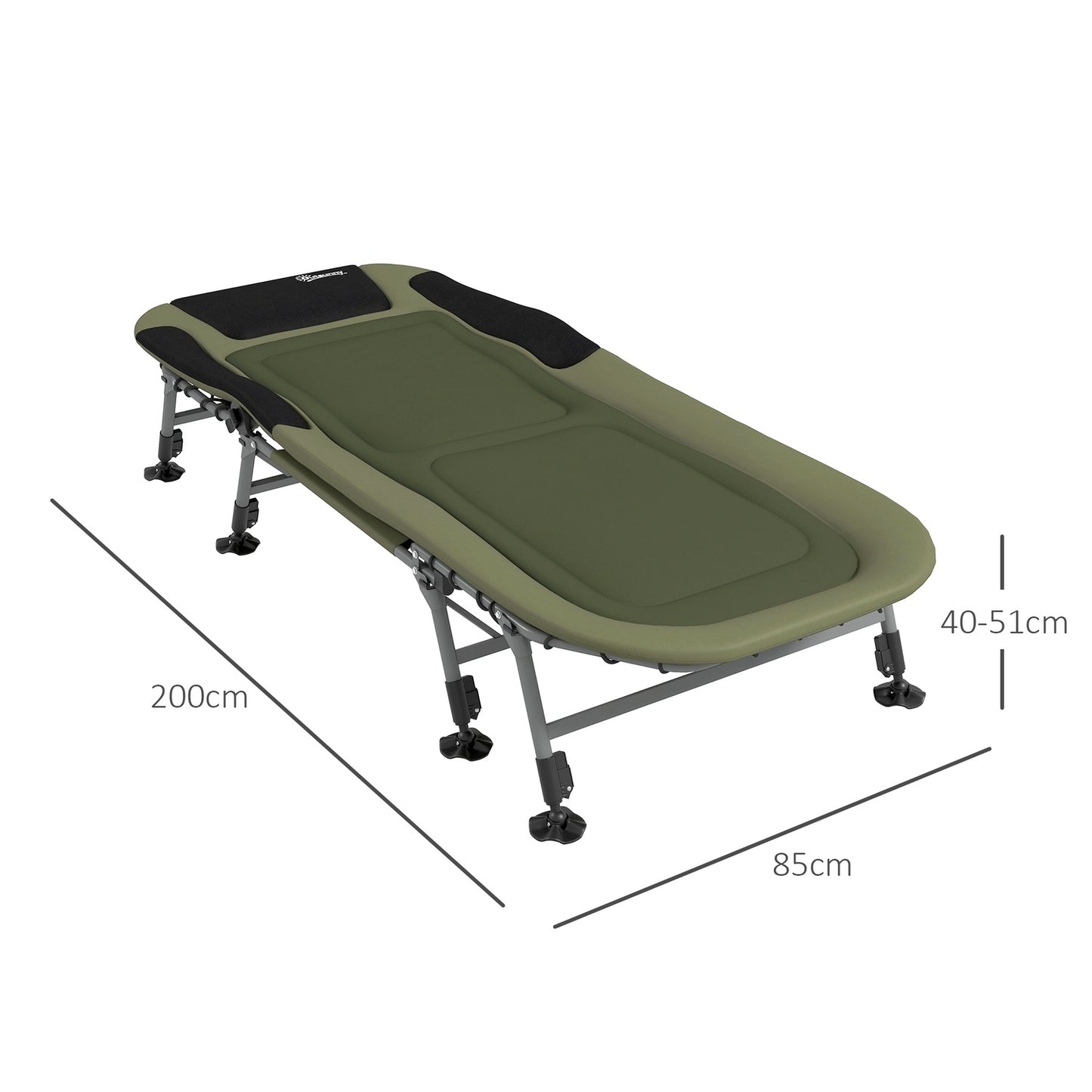 Folding camping bed - adjustable, supports up to 180 kg, green