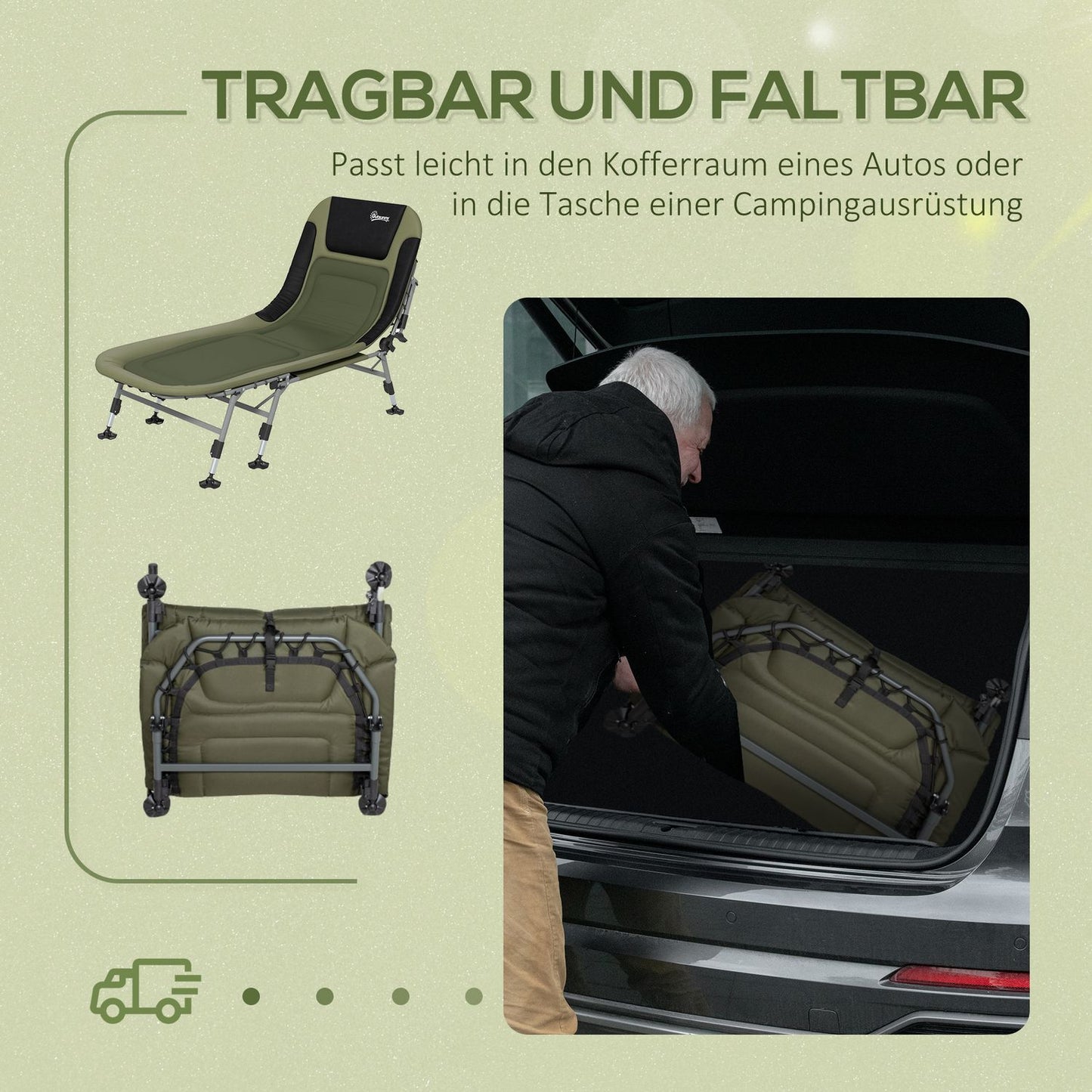 Folding camping bed - adjustable, supports up to 180 kg, green
