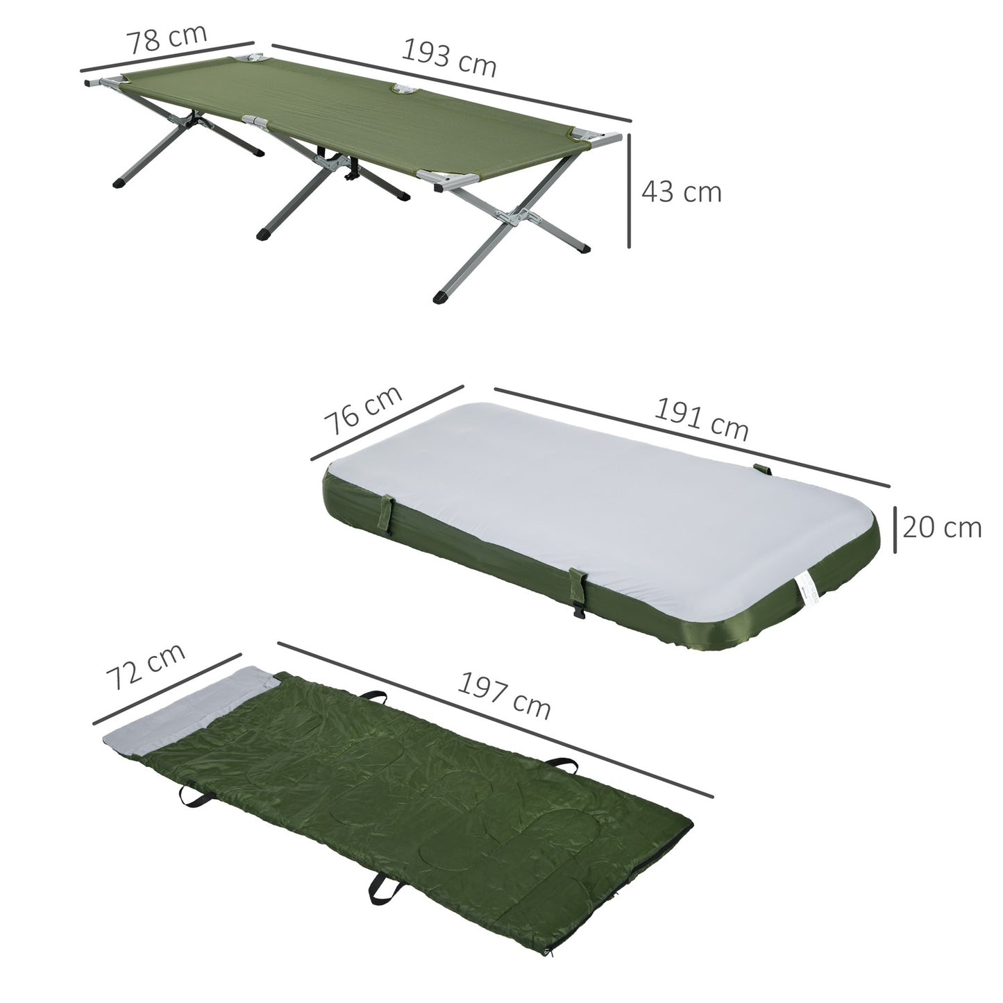 Camping bed with pillow, foldable, 120 kg capacity, green
