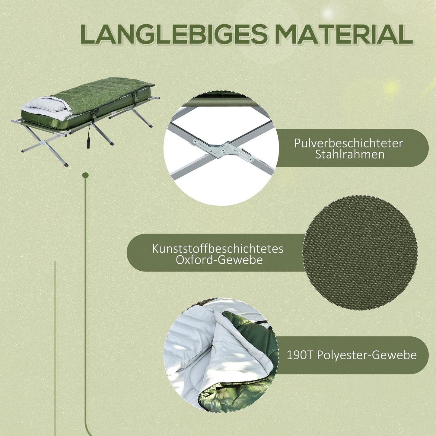 Camping bed with pillow, foldable, 120 kg capacity, green