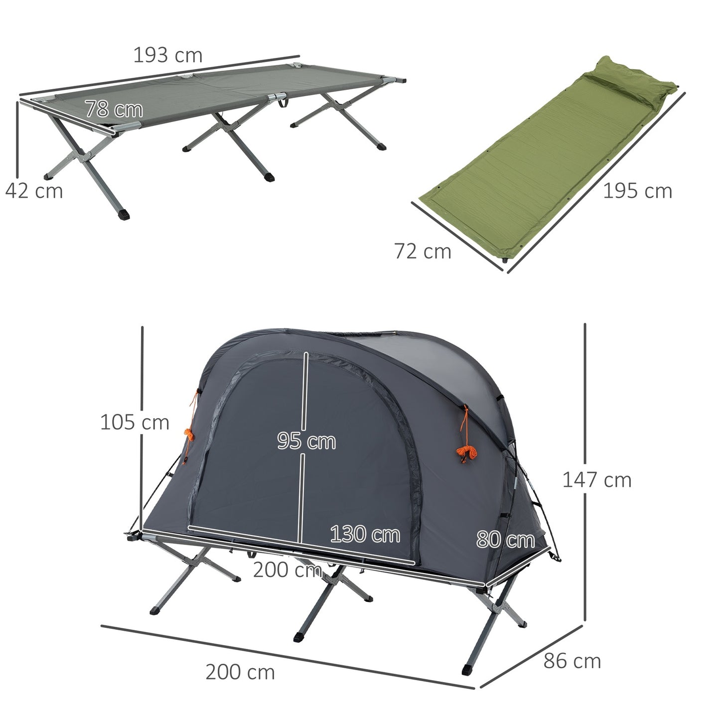Camping tent bed with air mattress Gray 200 x 86 x 147 cm