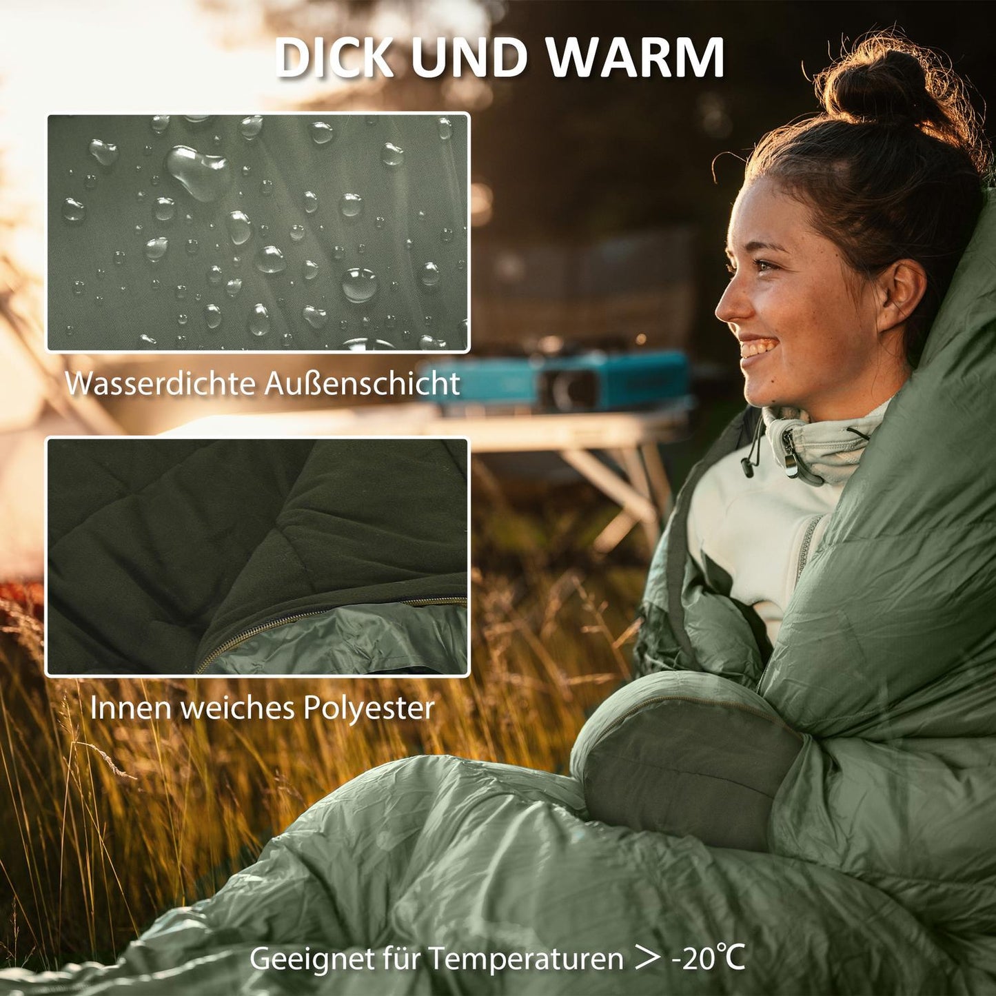 Camping blanket sleeping bag - 4 seasons, foldable, green