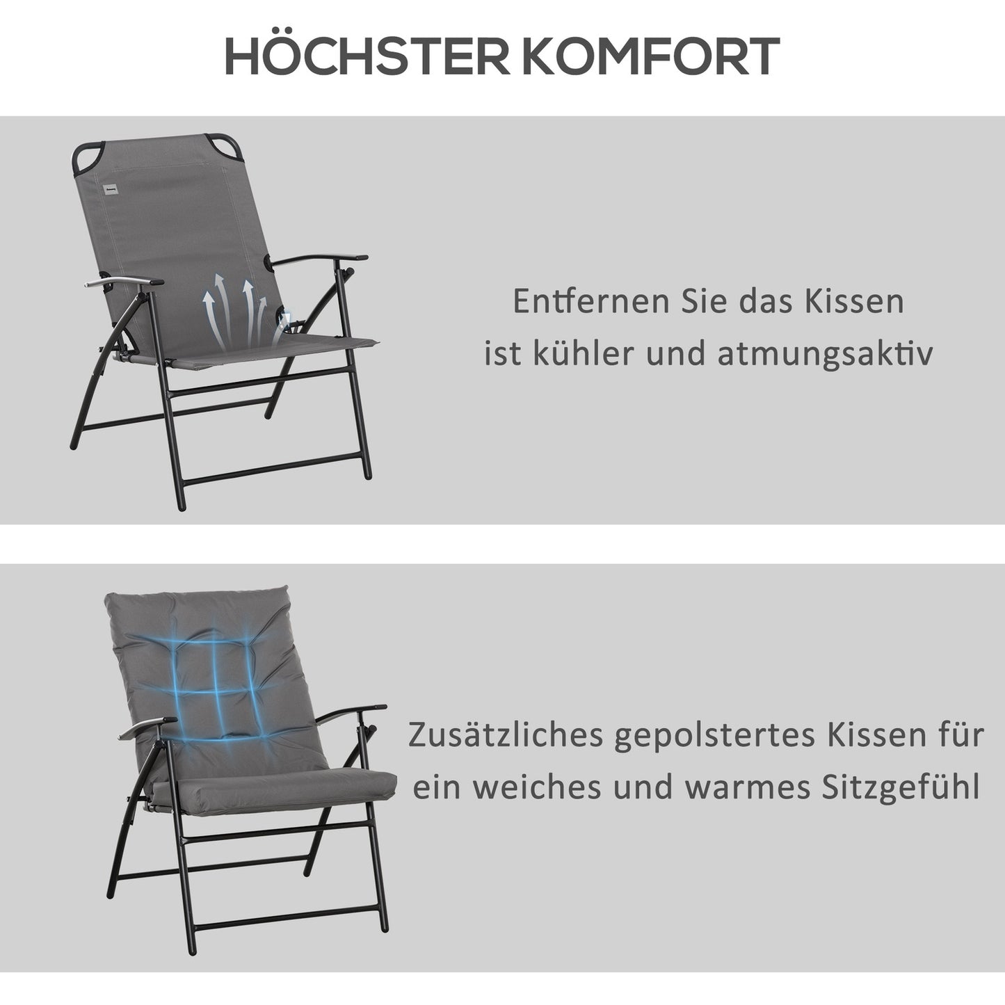 Folding camping chair with adjustable metal frame, gray