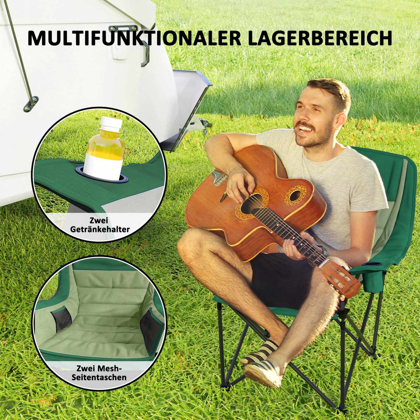 Folding camping chair with cup holder & side pocket, green