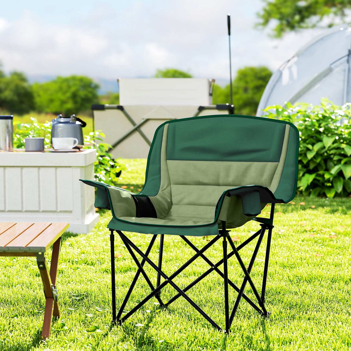 Folding camping chair with cup holder & side pocket, green