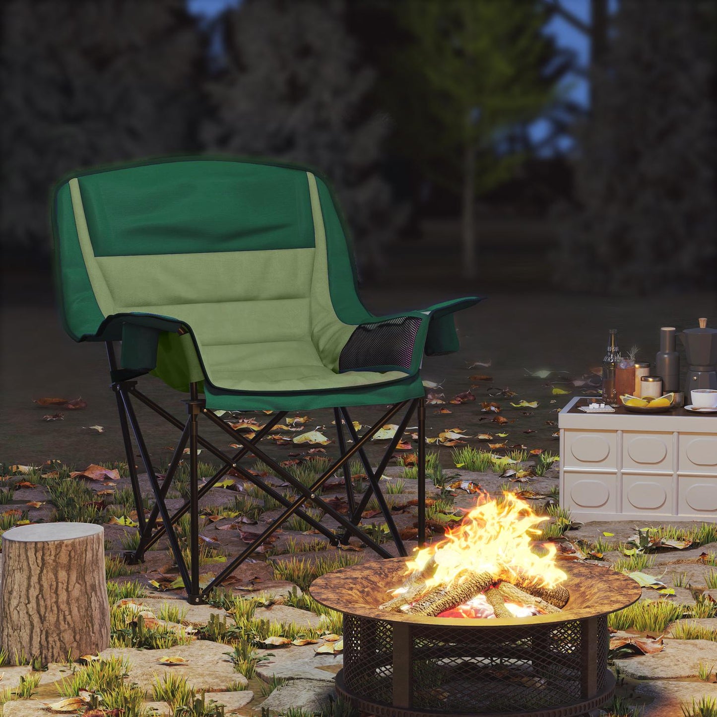 Folding camping chair with cup holder & side pocket, green