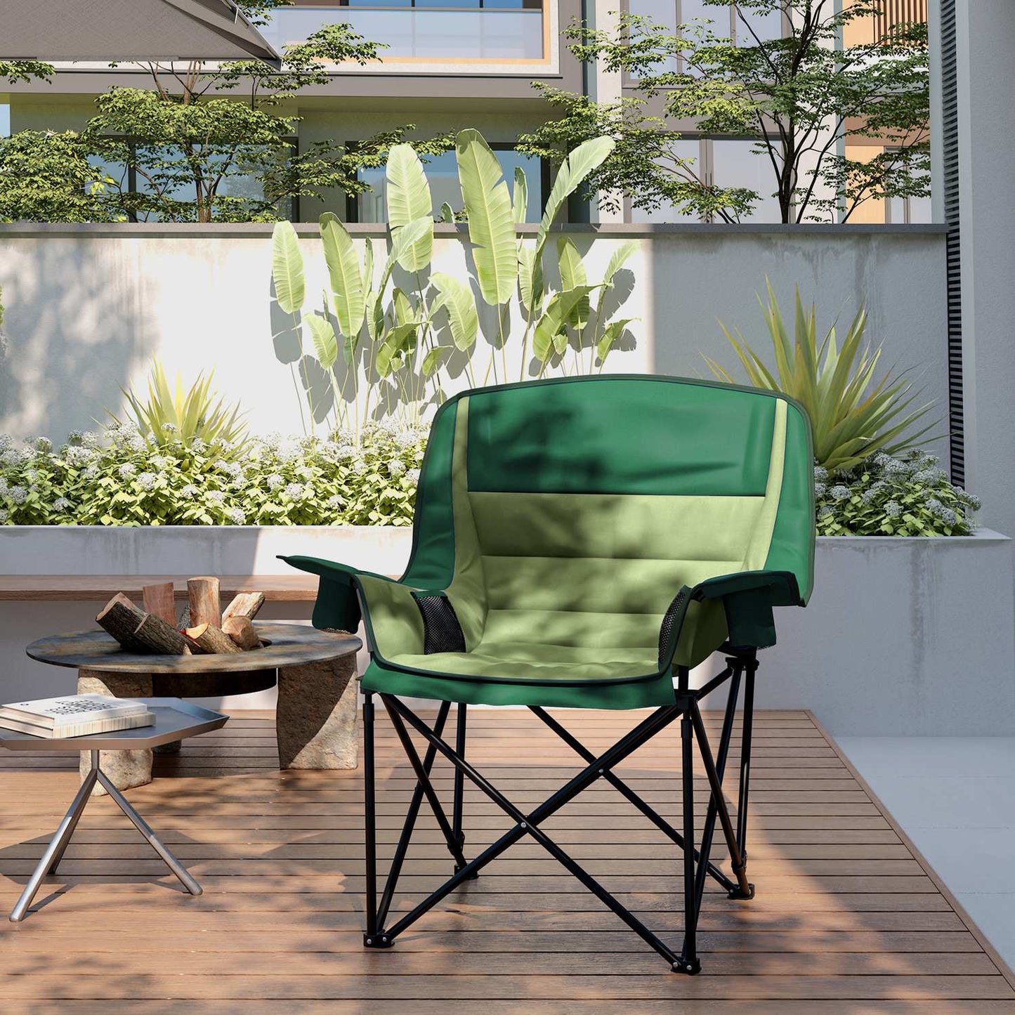 Folding camping chair with cup holder & side pocket, green