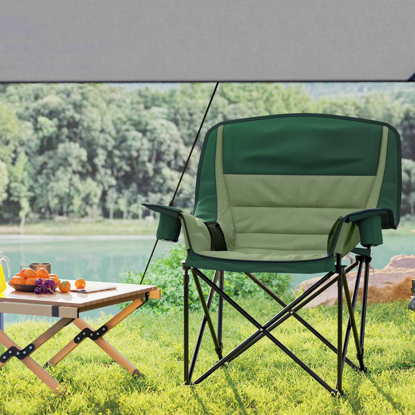 Folding camping chair with cup holder & side pocket, green