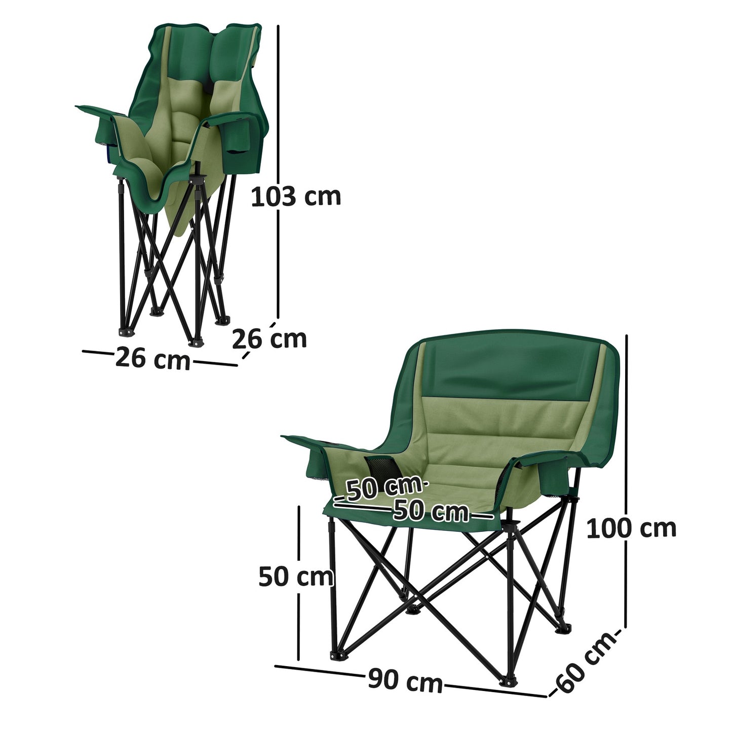 Folding camping chair with cup holder & side pocket, green