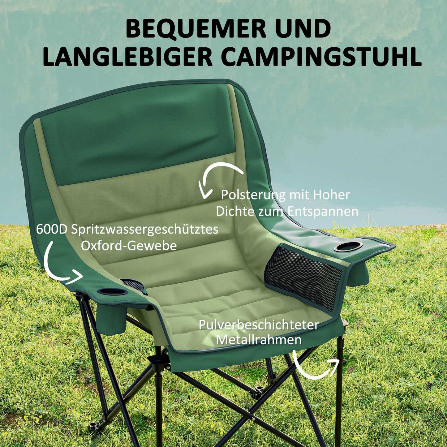 Folding camping chair with cup holder & side pocket, green