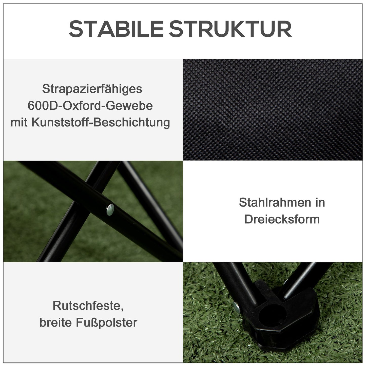 Folding camping chair with side pocket - steel legs, black