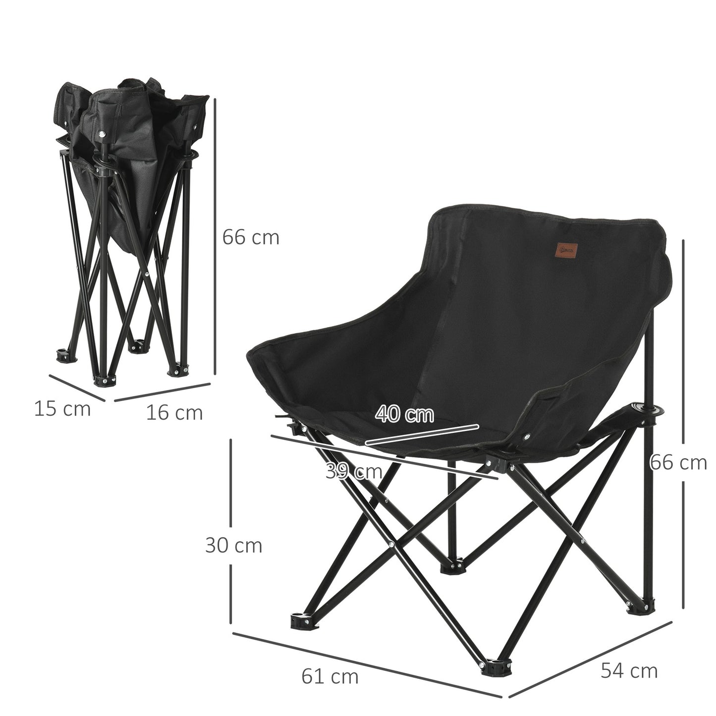Folding camping chair with side pocket - steel legs, black