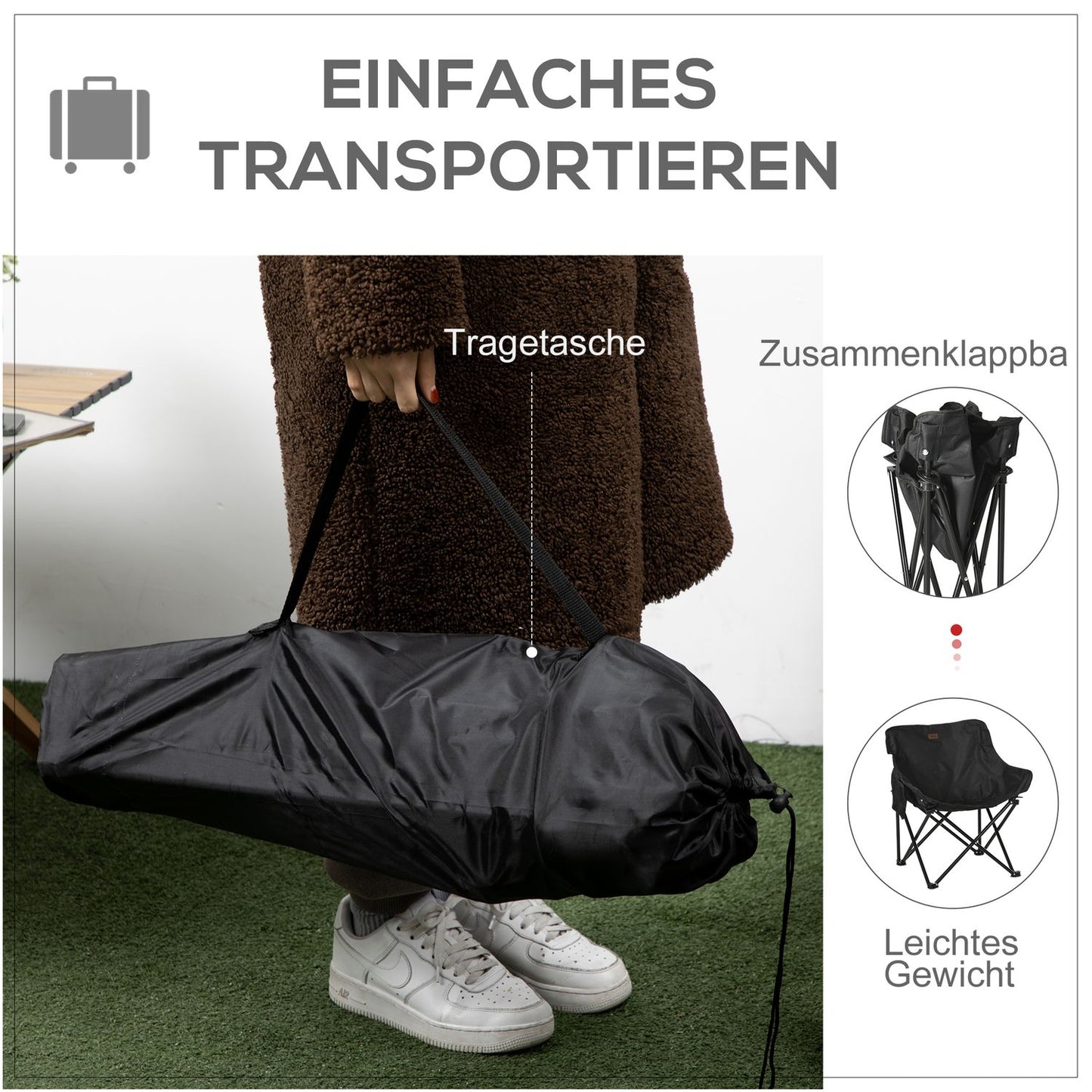Folding camping chair with side pocket - steel legs, black