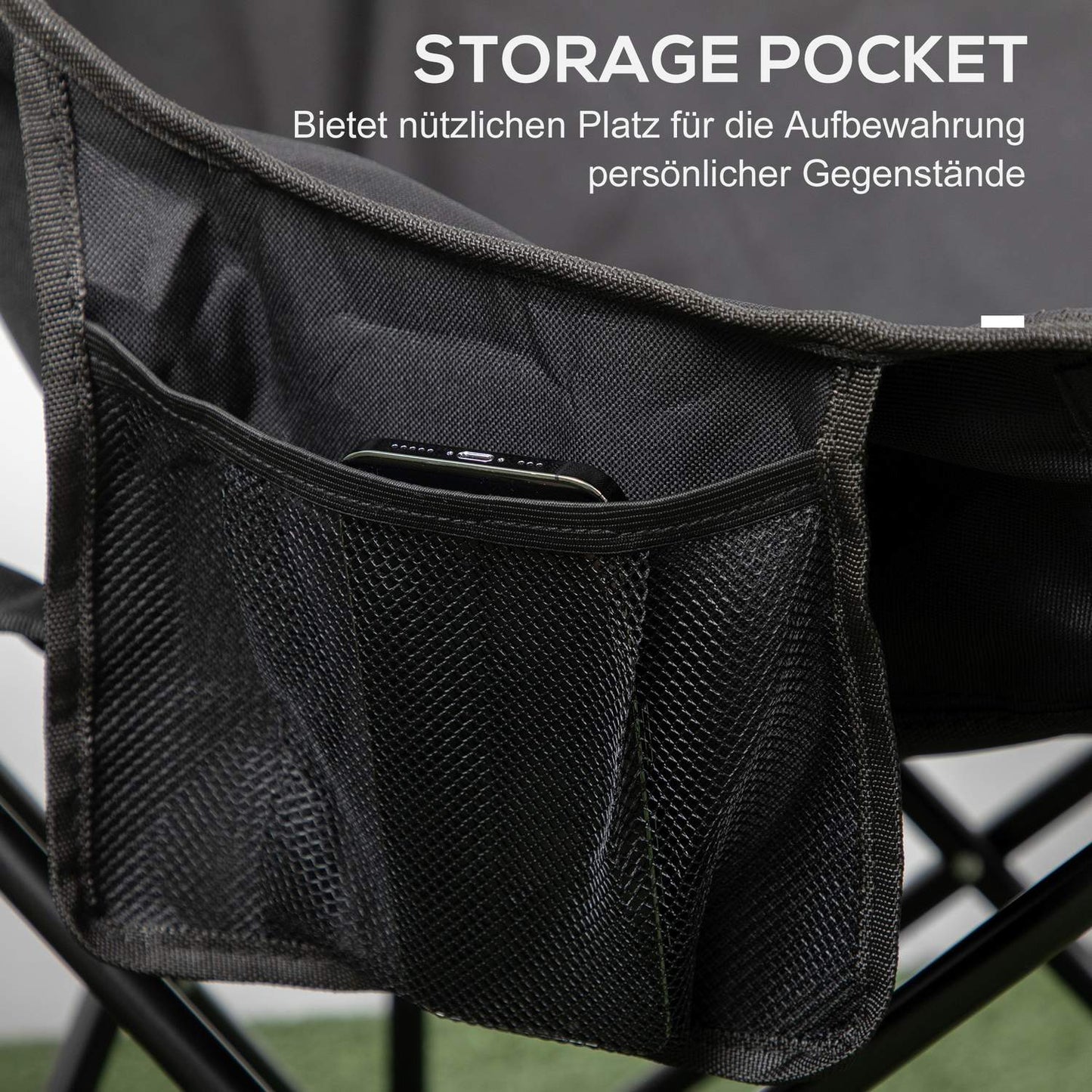 Folding camping chair with side pocket - steel legs, black