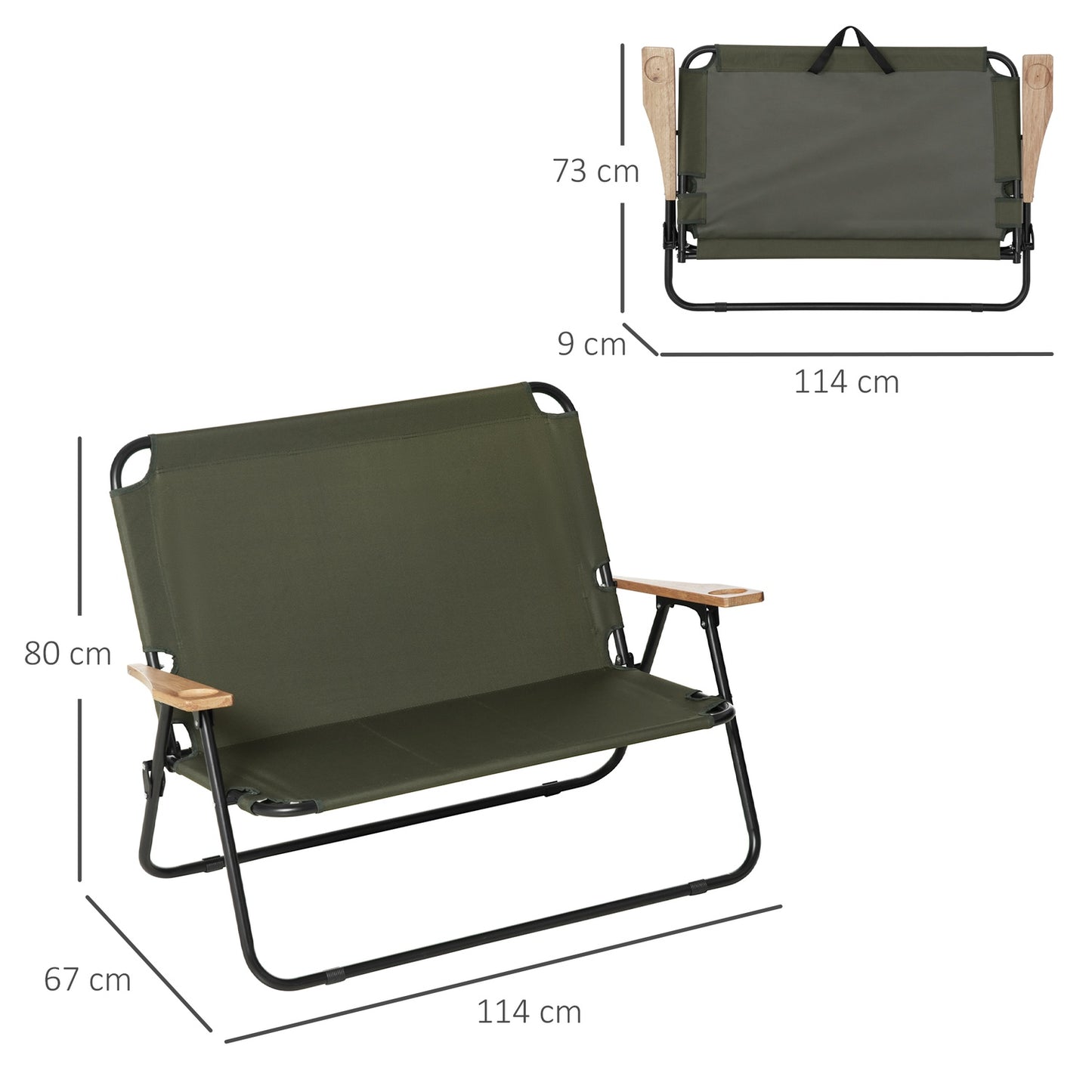 Folding director's chair, 2-seater, steel frame, green