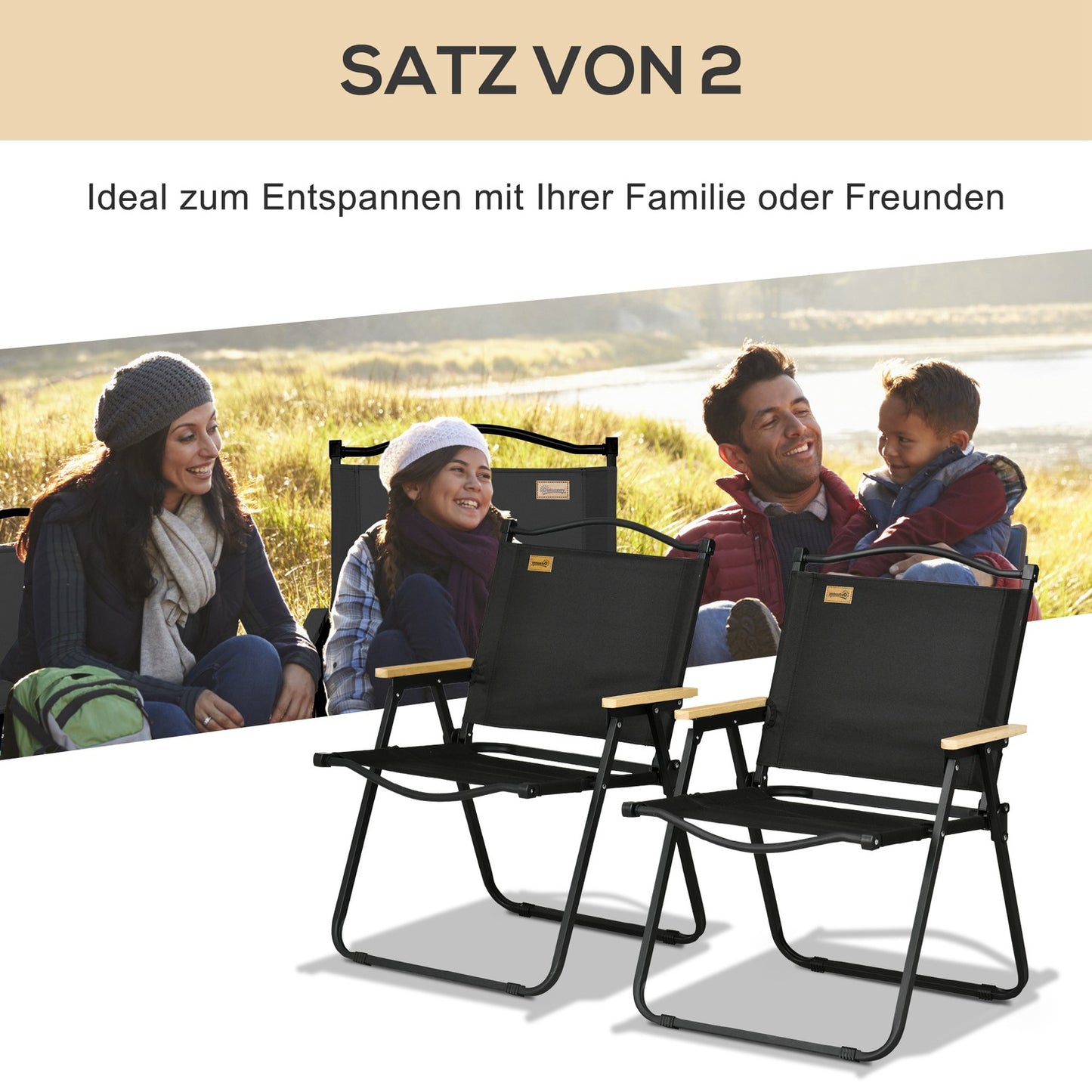 Set of 2 folding camping chairs, black steel frame