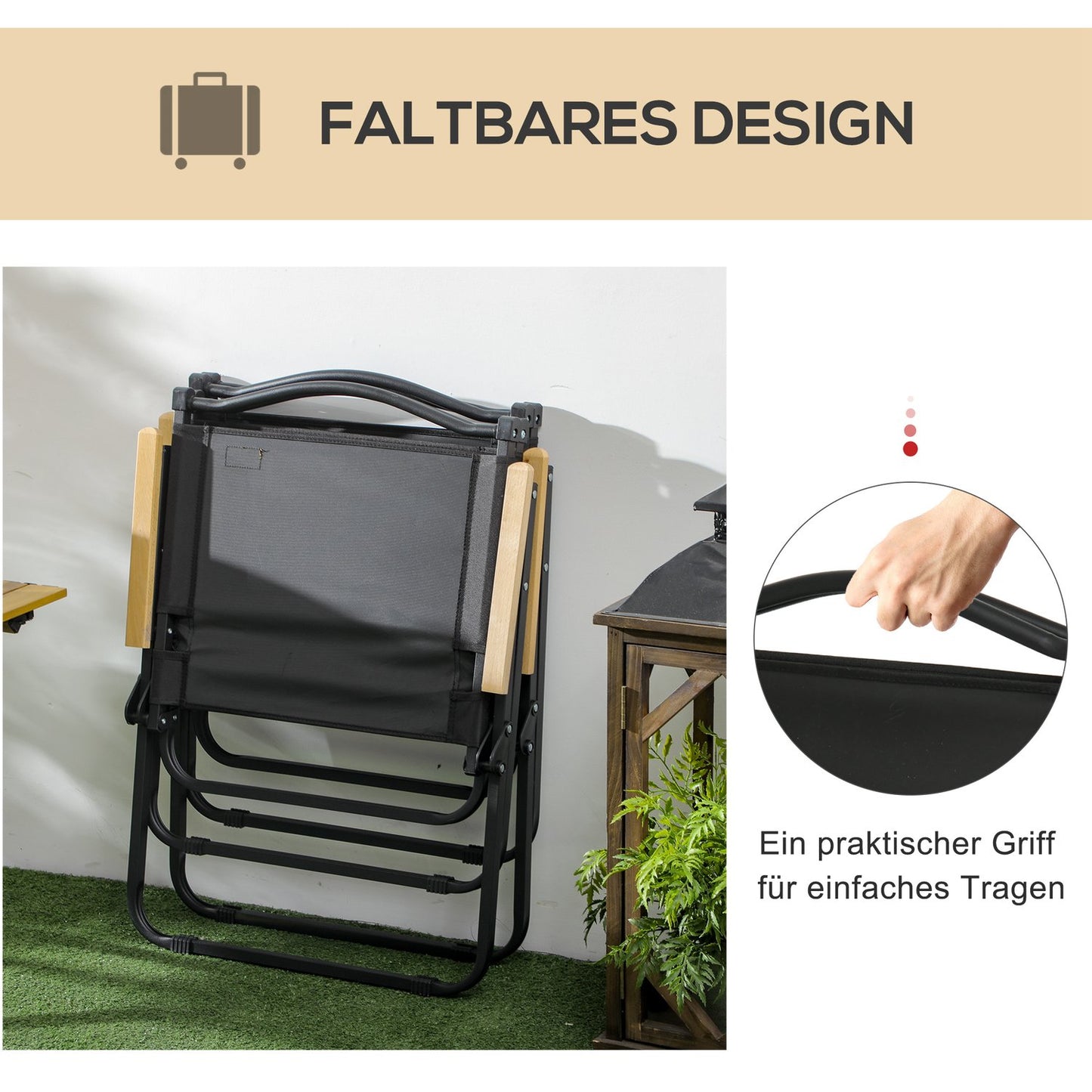 Set of 2 folding camping chairs, black steel frame