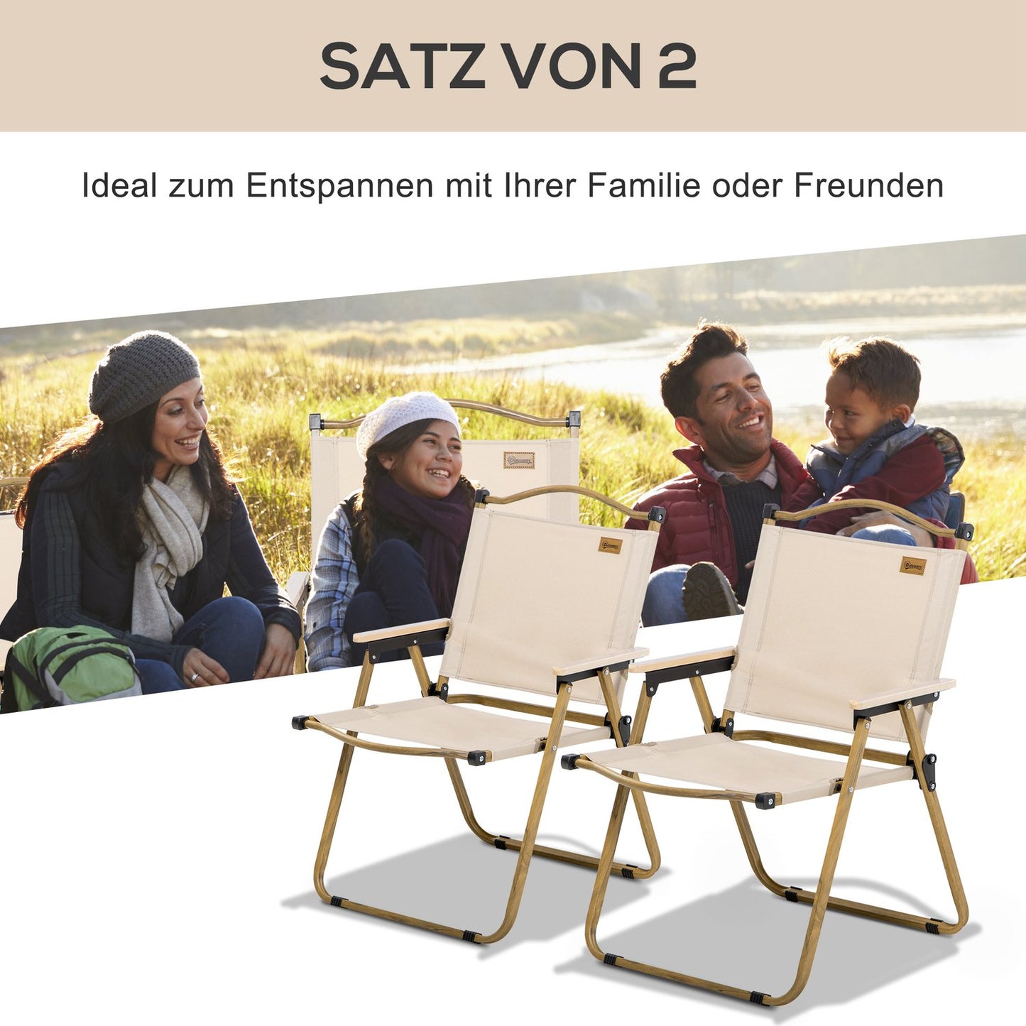 Folding Khaki Camping Chairs, Set of 2 - Steel Frame, Oxford
