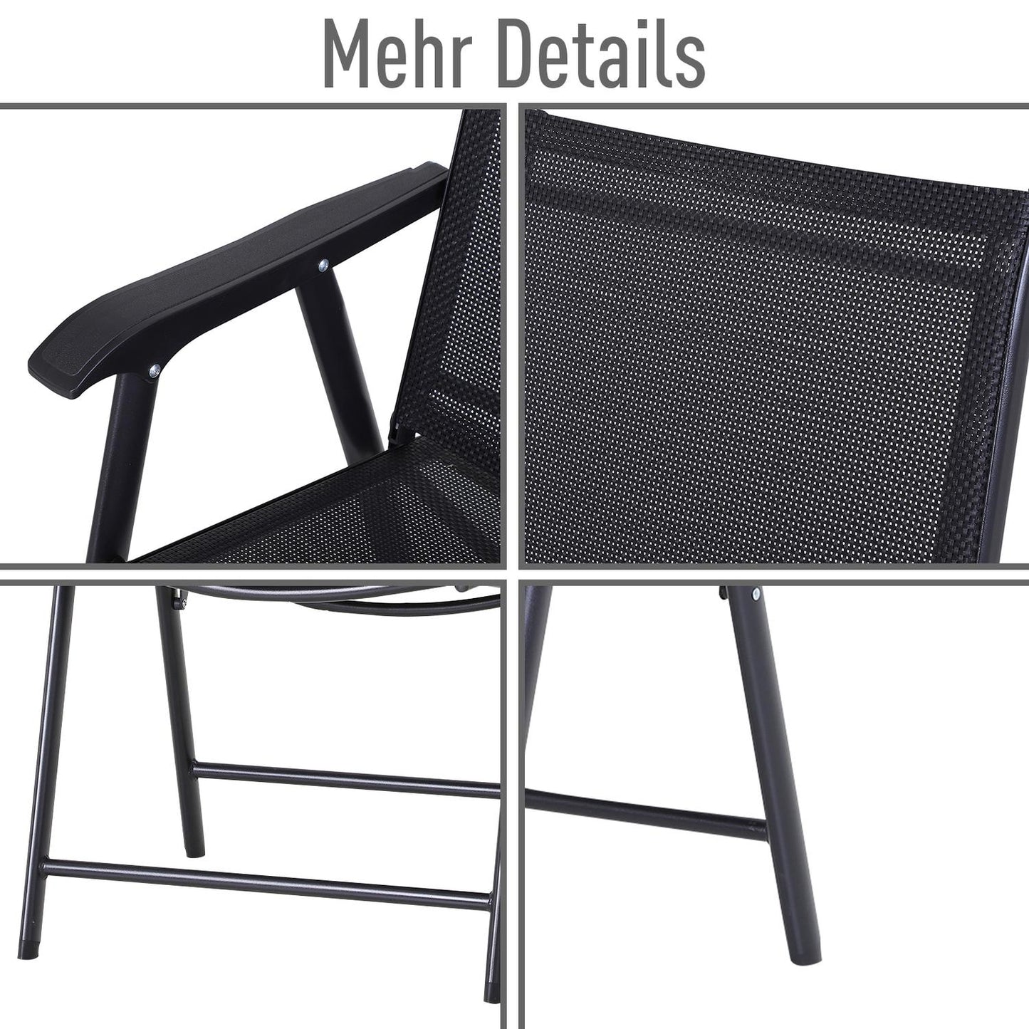 Folding camping chairs Set of 2 with armrests, black metal